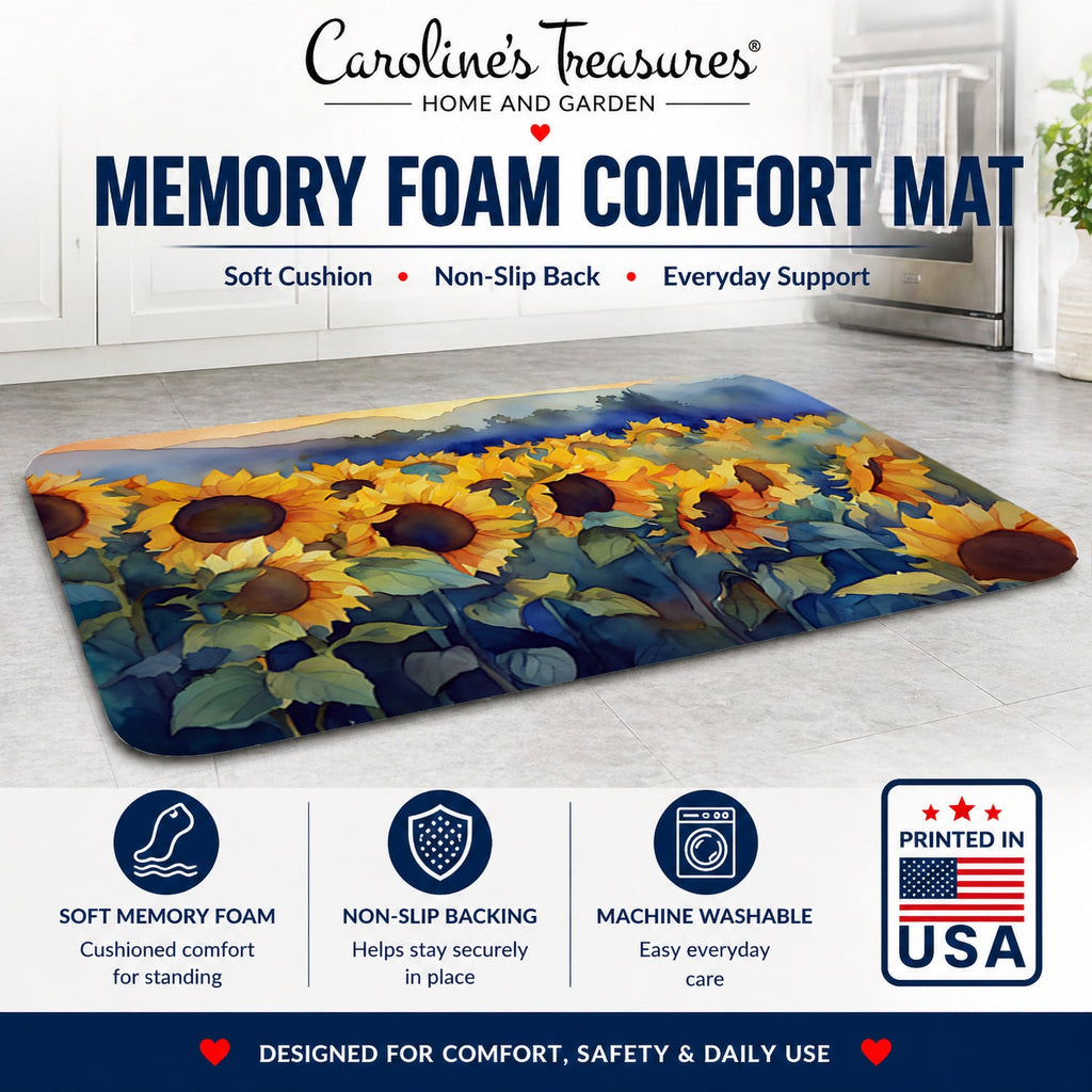 Sunflowers in Watercolor Memory Foam Kitchen Mat Machine Washable Anti-Fatigue Cushion Comfort Bath or Kitchen Rug
