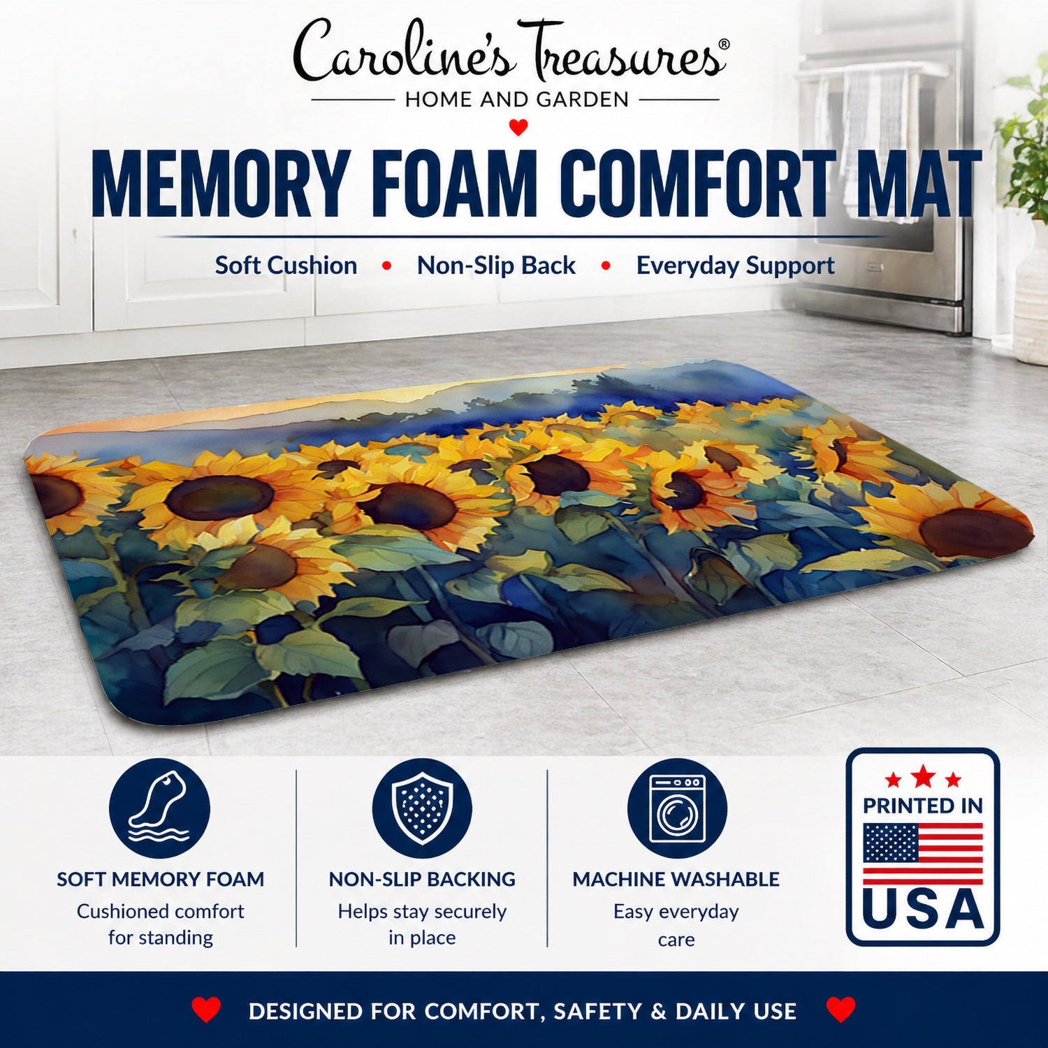Sunflowers in Watercolor Memory Foam Kitchen Mat Machine Washable Anti-Fatigue Cushion Comfort Bath or Kitchen Rug