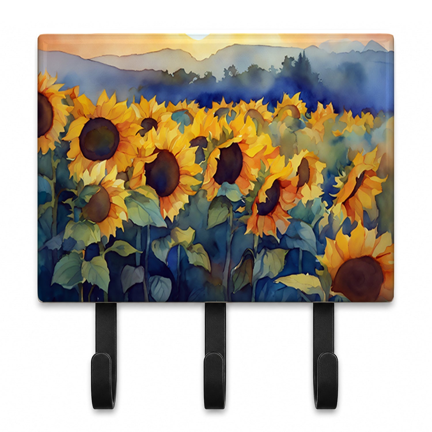 Sunflowers in Watercolor Leash or Key Holder Wall Hooks, Coat Rack Wall Mount, for Hanging Keys, Towels, Aprons, Leashes