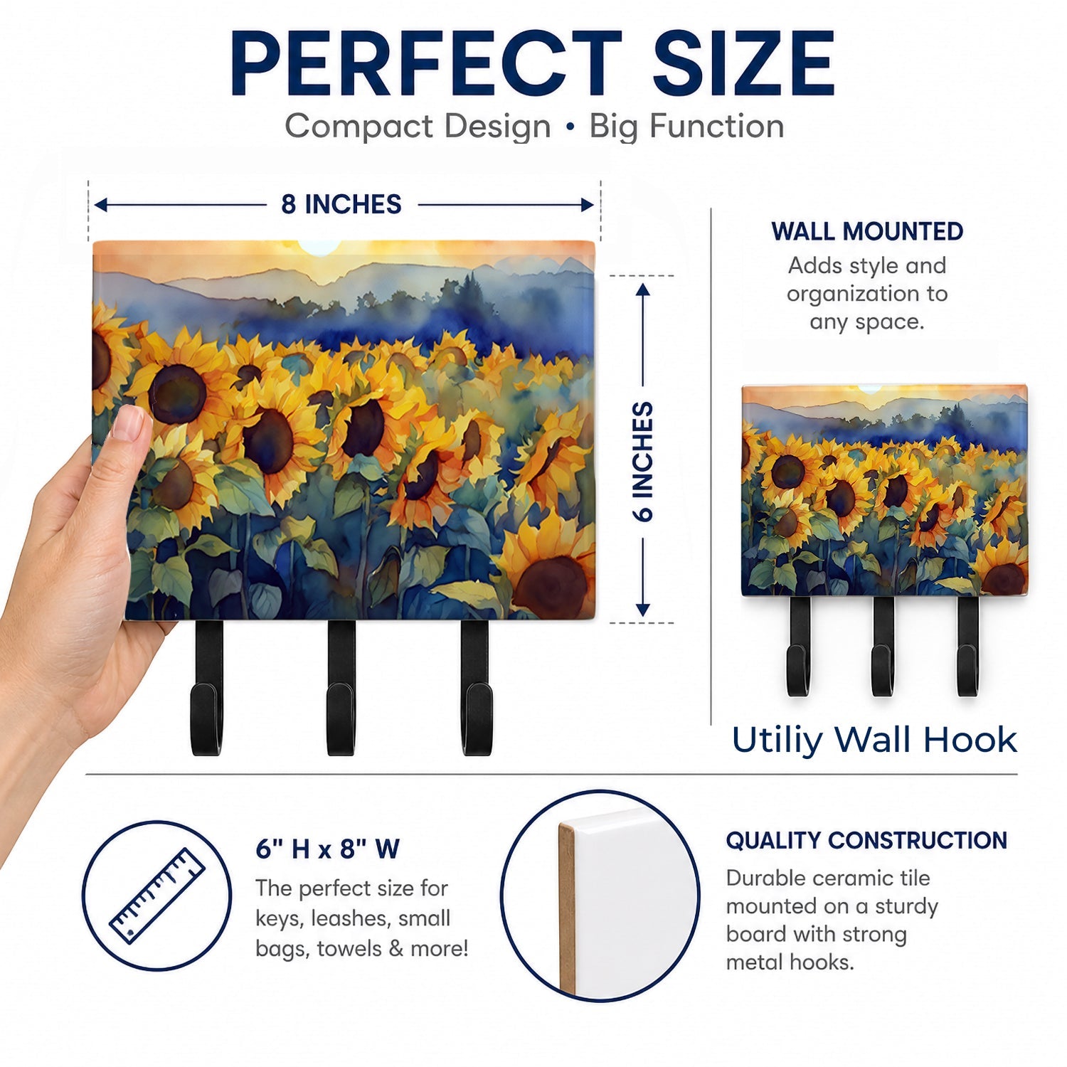Sunflowers in Watercolor Leash or Key Holder Wall Hooks, Coat Rack Wall Mount, for Hanging Keys, Towels, Aprons, Leashes