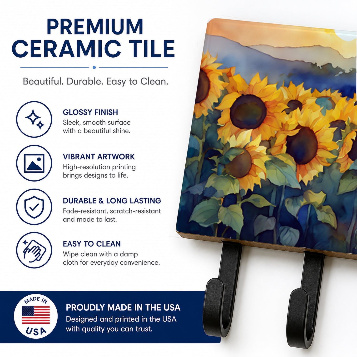 Sunflowers in Watercolor Leash or Key Holder Wall Hooks, Coat Rack Wall Mount, for Hanging Keys, Towels, Aprons, Leashes