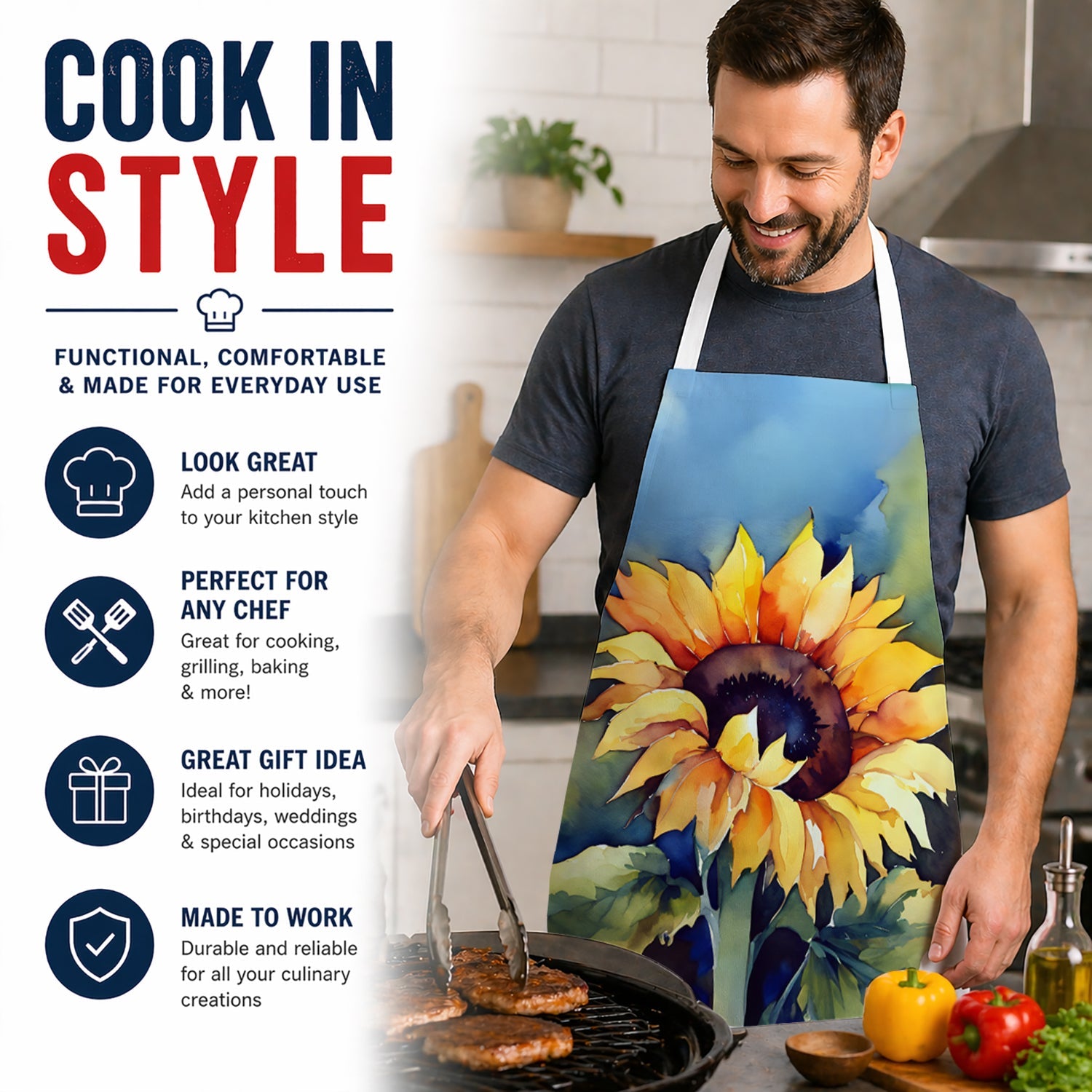 Sunflowers in Watercolor Apron Cooking Kitchen Server Baking Crafts Gardening for Adult Women Men, Unisex, Large, Multicolor