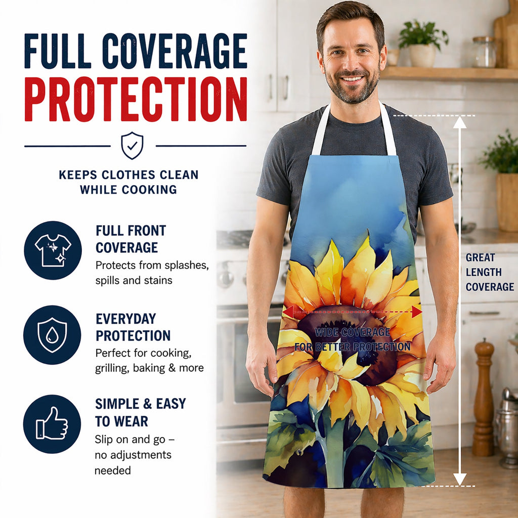 Sunflowers in Watercolor Apron Cooking Kitchen Server Baking Crafts Gardening for Adult Women Men, Unisex, Large, Multicolor