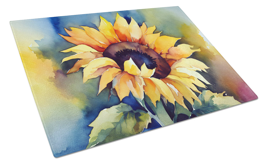 Sunflowers in Watercolor Cutting Board Tempered Glass Kitchen Cutting Surface, Heat Resistant Chopping, Non-Slip Feet, Food Prep & Serving