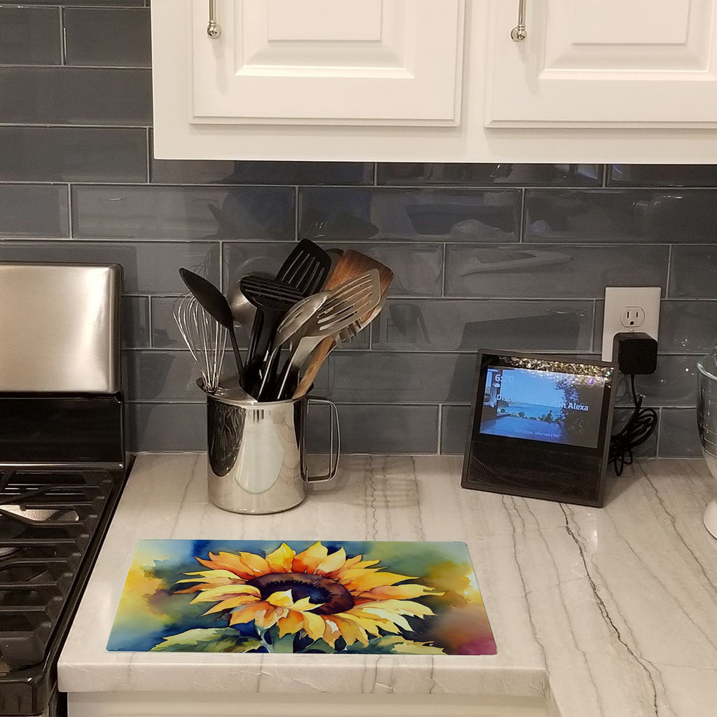 Sunflowers in Watercolor Cutting Board Tempered Glass Kitchen Cutting Surface, Heat Resistant Chopping, Non-Slip Feet, Food Prep & Serving