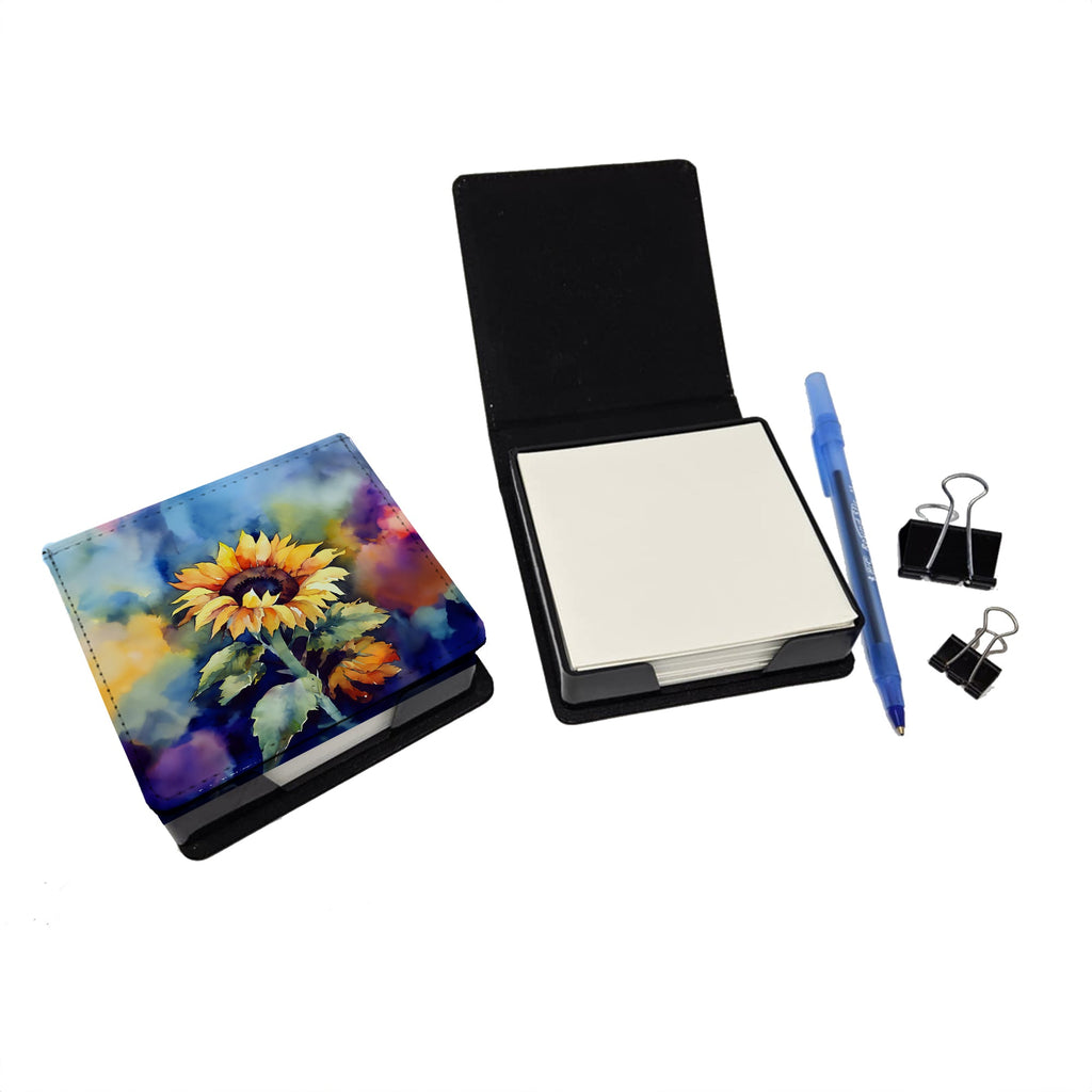 Sunflowers in Watercolor PU Leather Note Paper Holder with Artist-Designed Cover, Desk Accessory, Office Gift