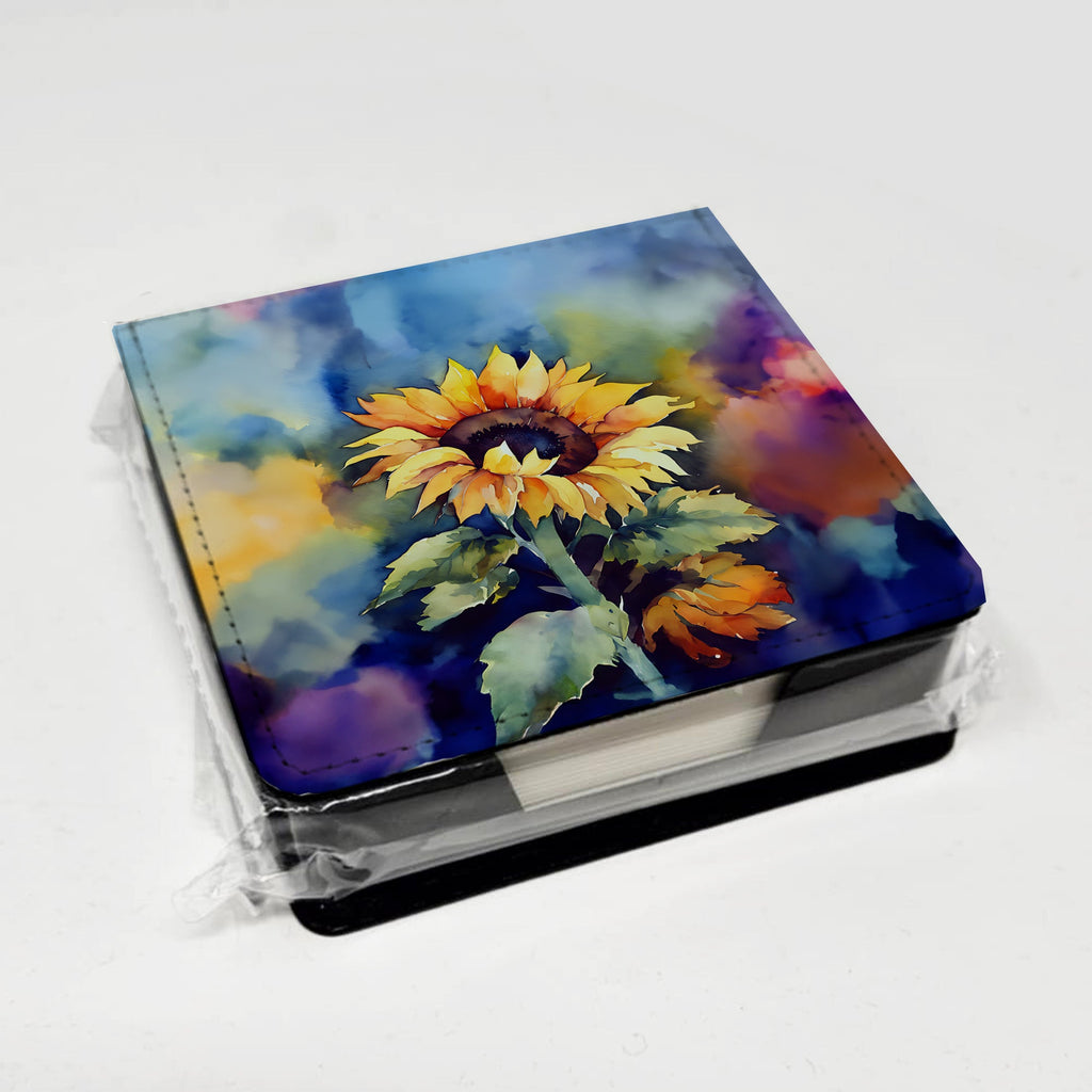 Sunflowers in Watercolor PU Leather Note Paper Holder with Artist-Designed Cover, Desk Accessory, Office Gift