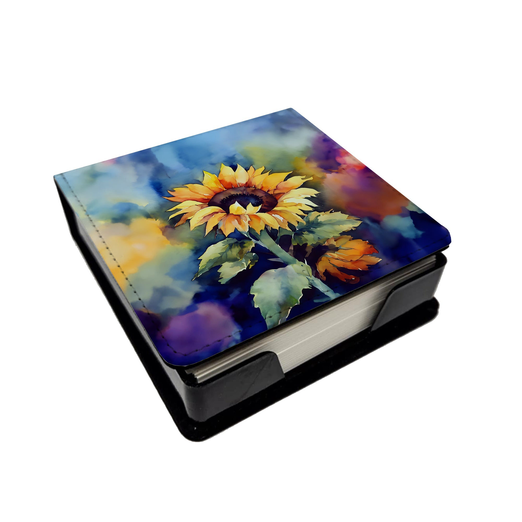 Sunflowers in Watercolor PU Leather Note Paper Holder with Artist-Designed Cover, Desk Accessory, Office Gift