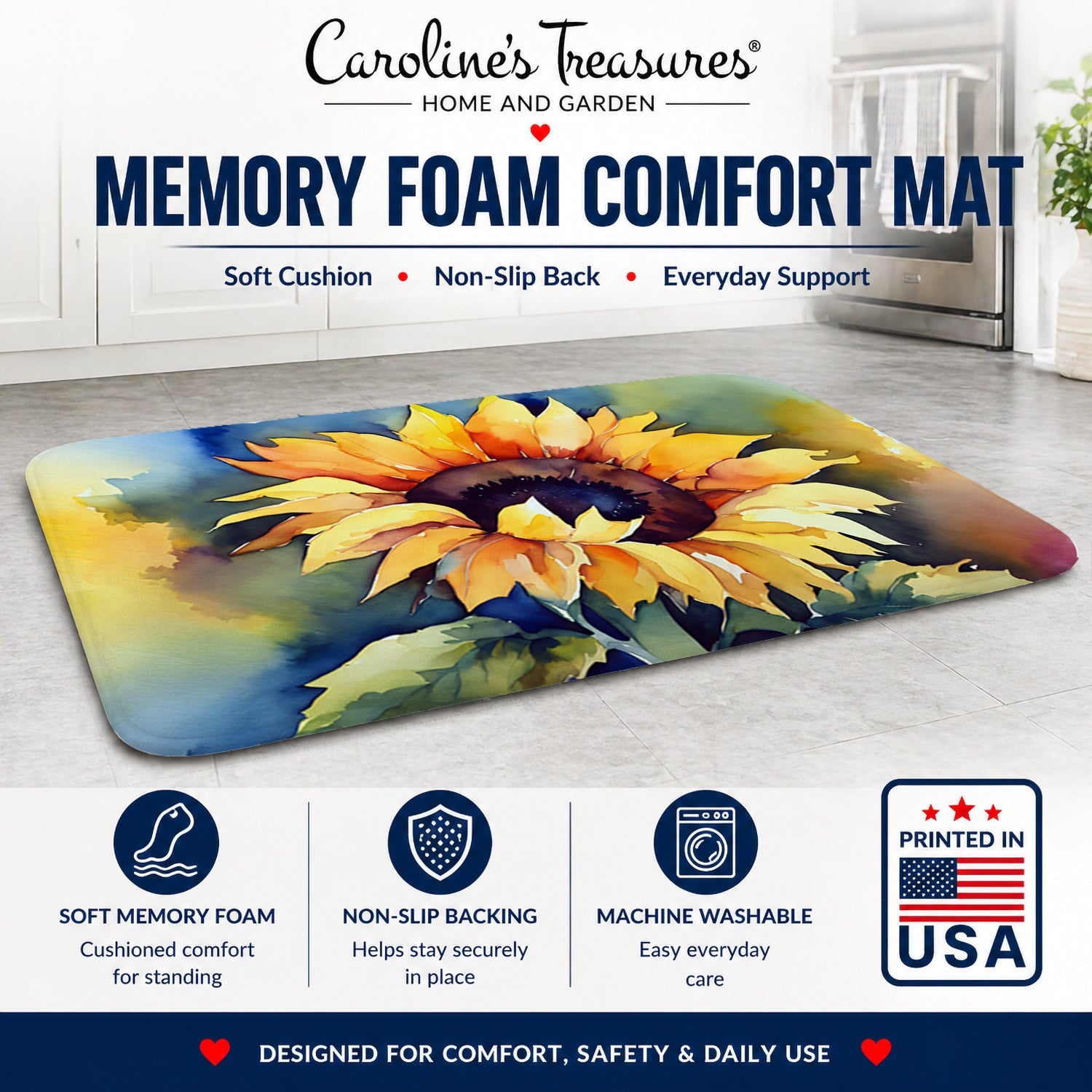 Sunflowers in Watercolor Memory Foam Kitchen Mat Machine Washable Anti-Fatigue Cushion Comfort Bath or Kitchen Rug