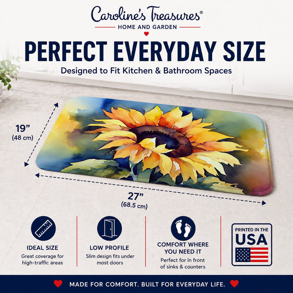 Sunflowers in Watercolor Memory Foam Kitchen Mat Machine Washable Anti-Fatigue Cushion Comfort Bath or Kitchen Rug