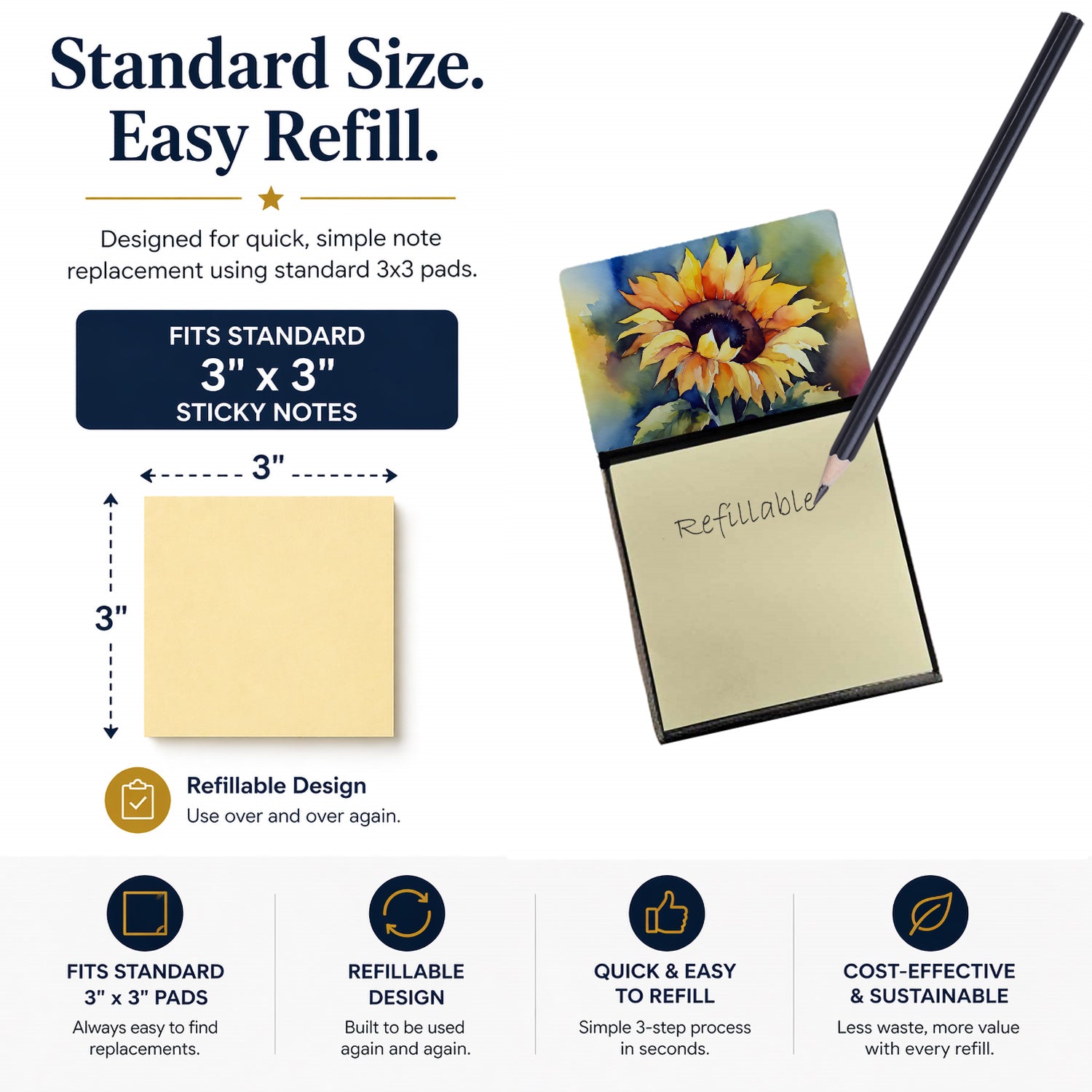 Sunflowers in Watercolor Watercolor Sticky Note Holder Refillable Dispenser Desk Accessory 3x3 Pad Gift