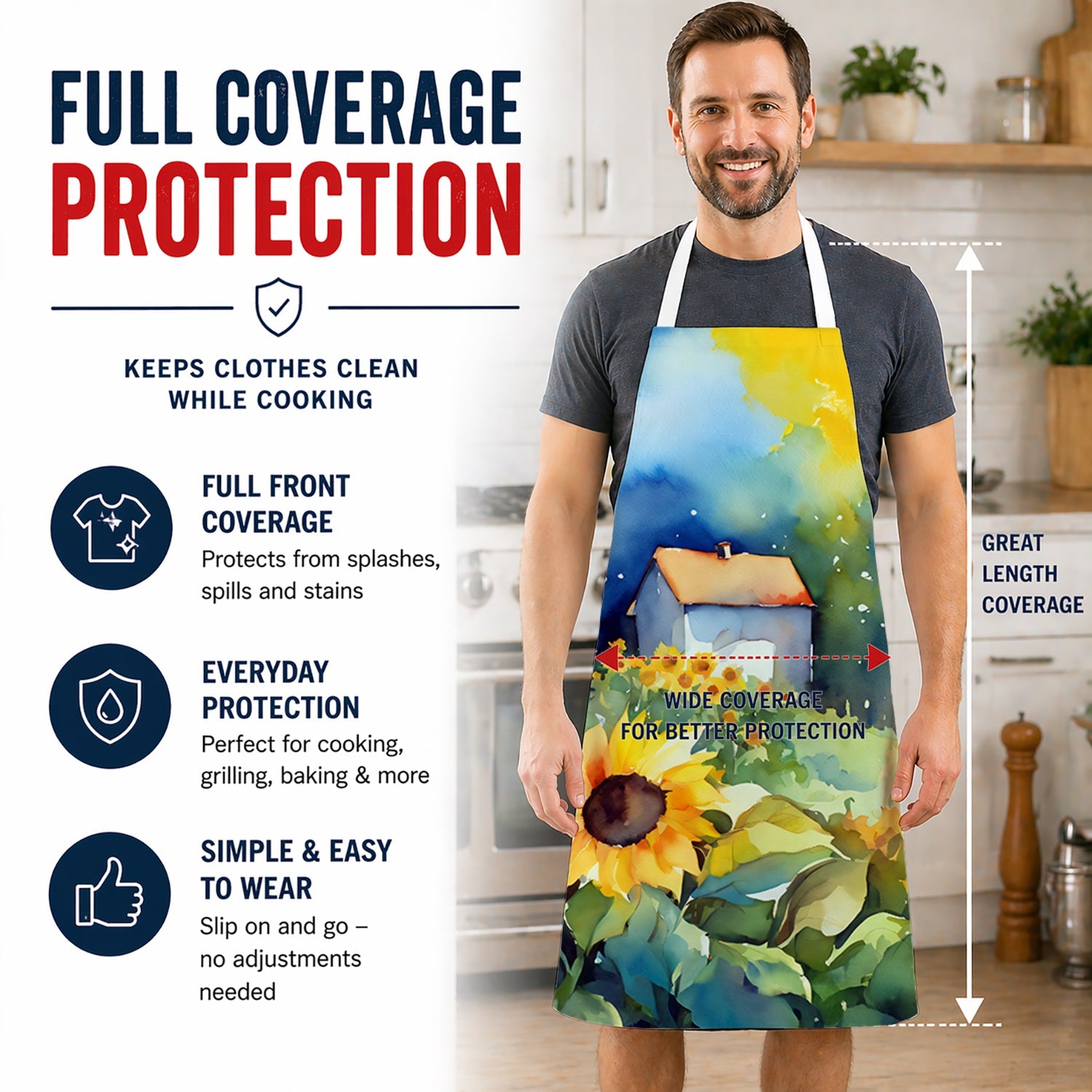 Sunflowers in Watercolor Apron Cooking Kitchen Server Baking Crafts Gardening for Adult Women Men, Unisex, Large, Multicolor