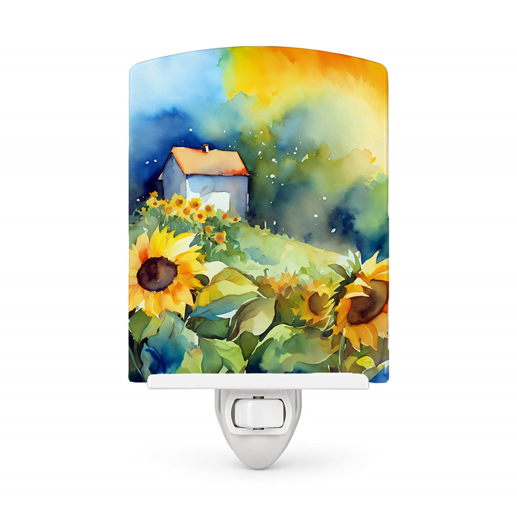 Sunflowers in Watercolor Ceramic Night Light Compact, UL-Certified, Ideal for Bedroom, Bathroom, Nursery, Hallway, Kitchen, 6x4x3, Multicolor
