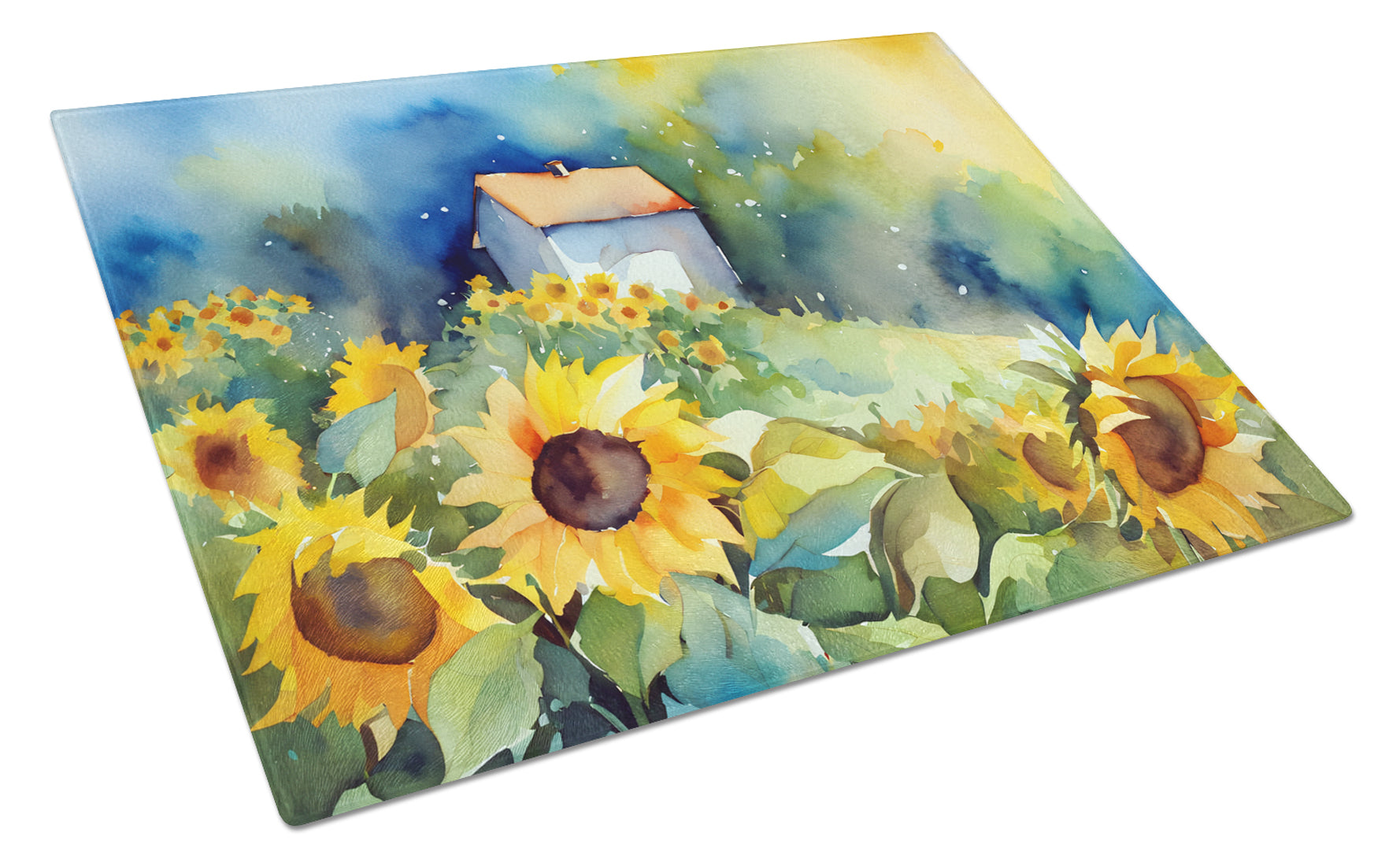 Sunflowers in Watercolor Cutting Board Tempered Glass Kitchen Cutting Surface, Heat Resistant Chopping, Non-Slip Feet, Food Prep & Serving