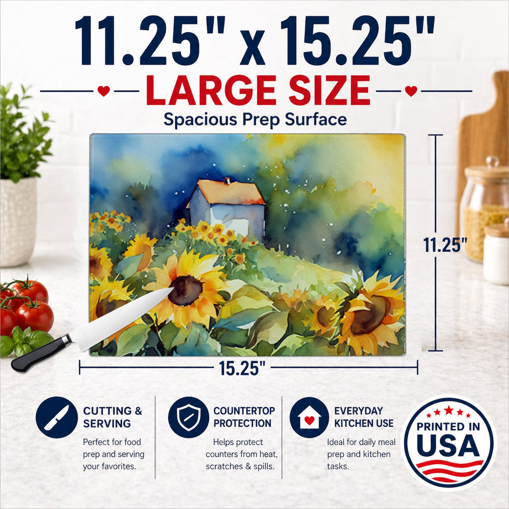 Sunflowers in Watercolor Cutting Board Tempered Glass Kitchen Cutting Surface, Heat Resistant Chopping, Non-Slip Feet, Food Prep & Serving