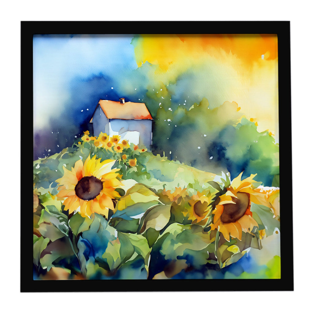 Sunflowers in Watercolor Framed Metal Print Bathroom, Kitchen, Office, Home Decor Wall Art Ready to Hang, Square, 8X8
