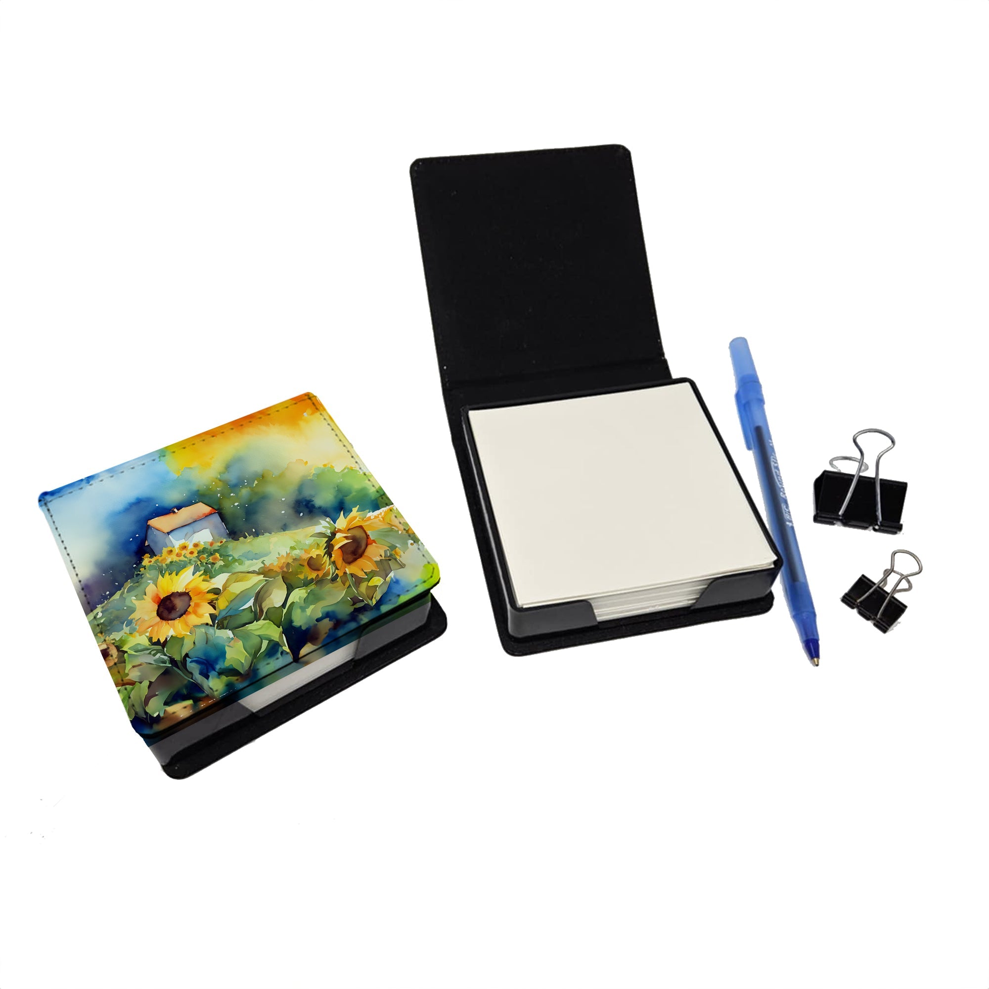 Sunflowers in Watercolor PU Leather Note Paper Holder with Artist-Designed Cover, Desk Accessory, Office Gift