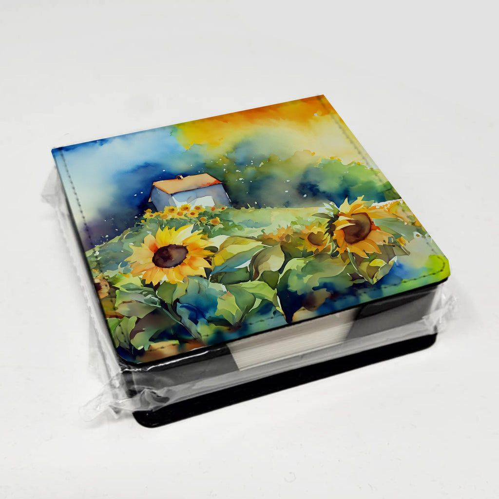 Sunflowers in Watercolor PU Leather Note Paper Holder with Artist-Designed Cover, Desk Accessory, Office Gift