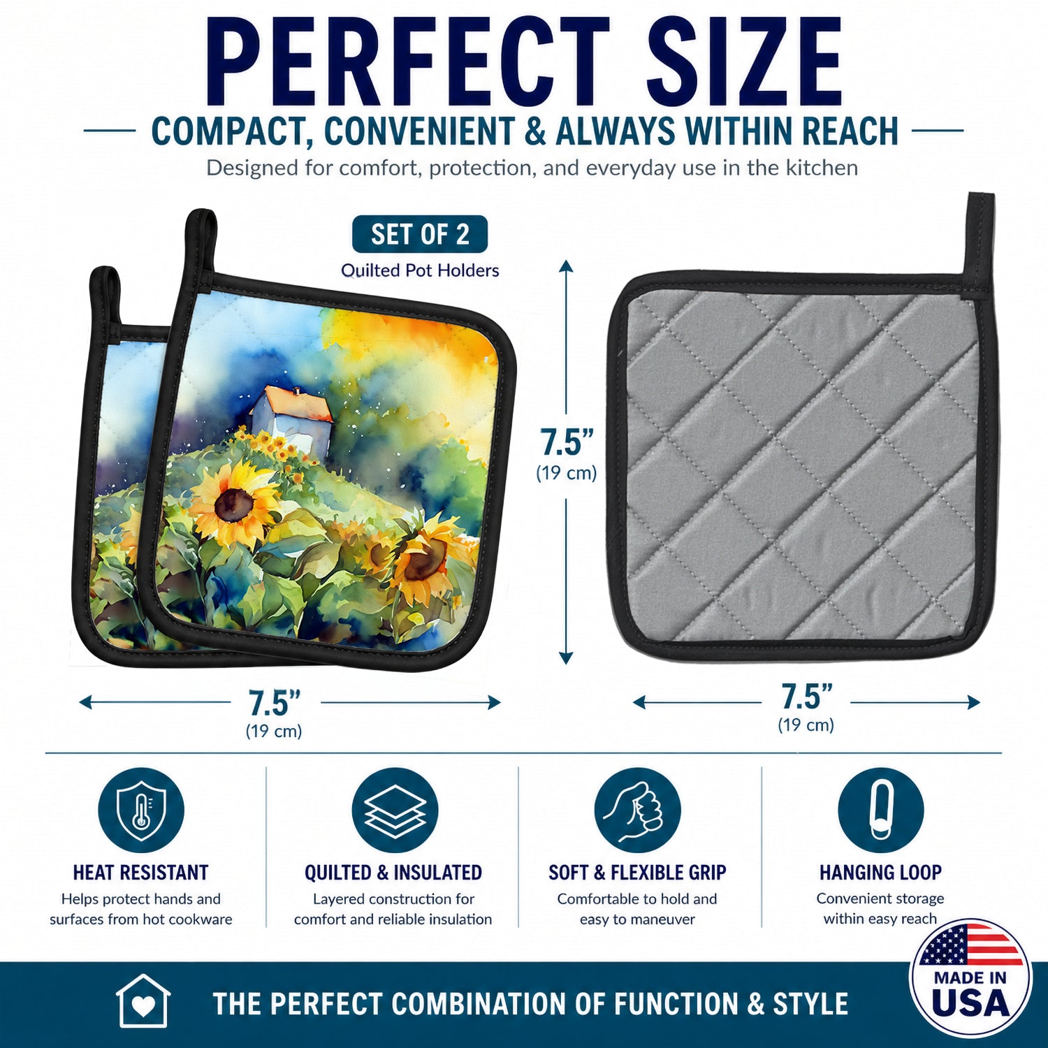 Sunflowers in Watercolor Pot Holder Set of 2 Heat Resistant Quilted Hot Pads 7.5 x 7.5 Inch, Insulated Kitchen Trivets for Cooking & Baking
