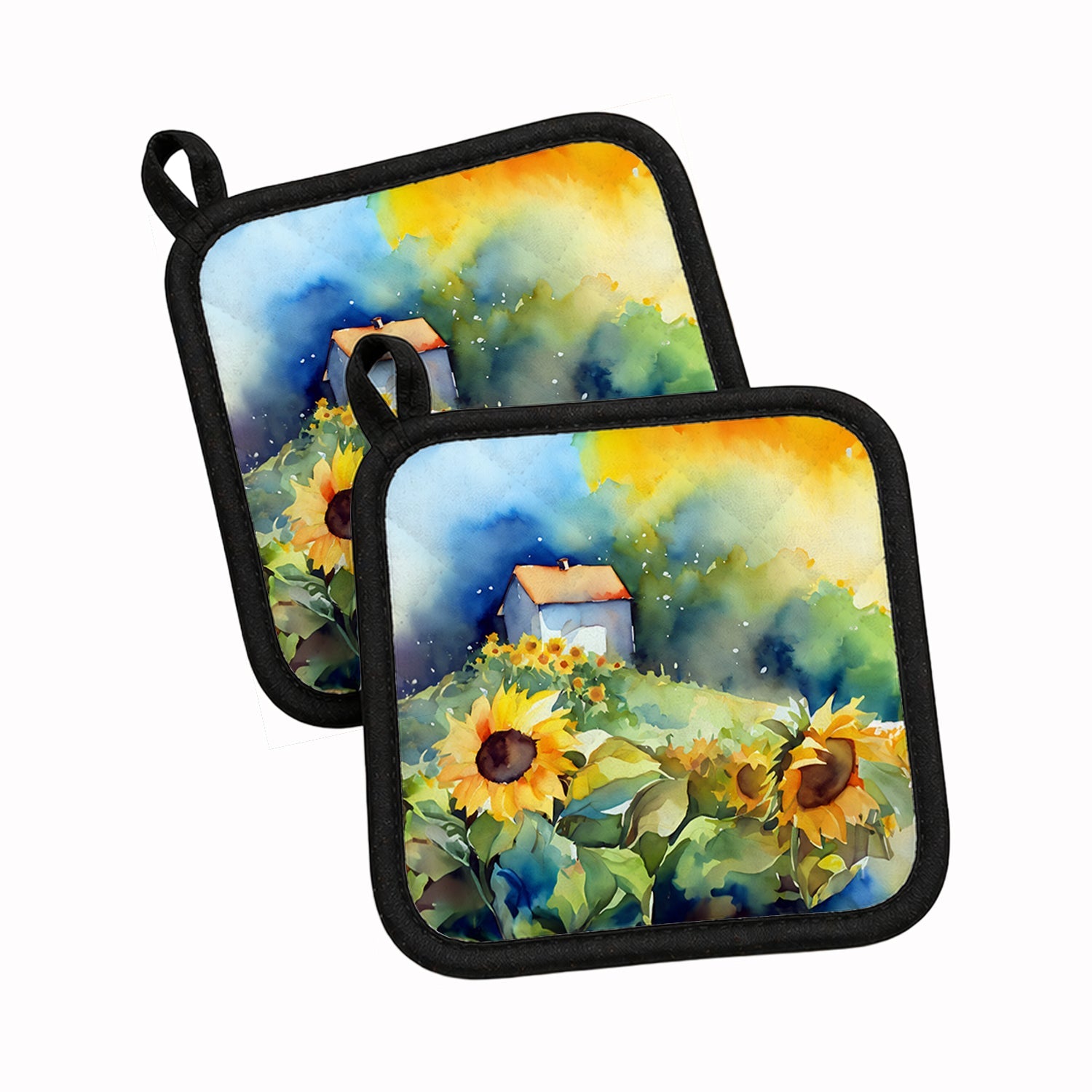 Sunflowers in Watercolor Pot Holder Set of 2 Heat Resistant Quilted Hot Pads 7.5 x 7.5 Inch, Insulated Kitchen Trivets for Cooking & Baking