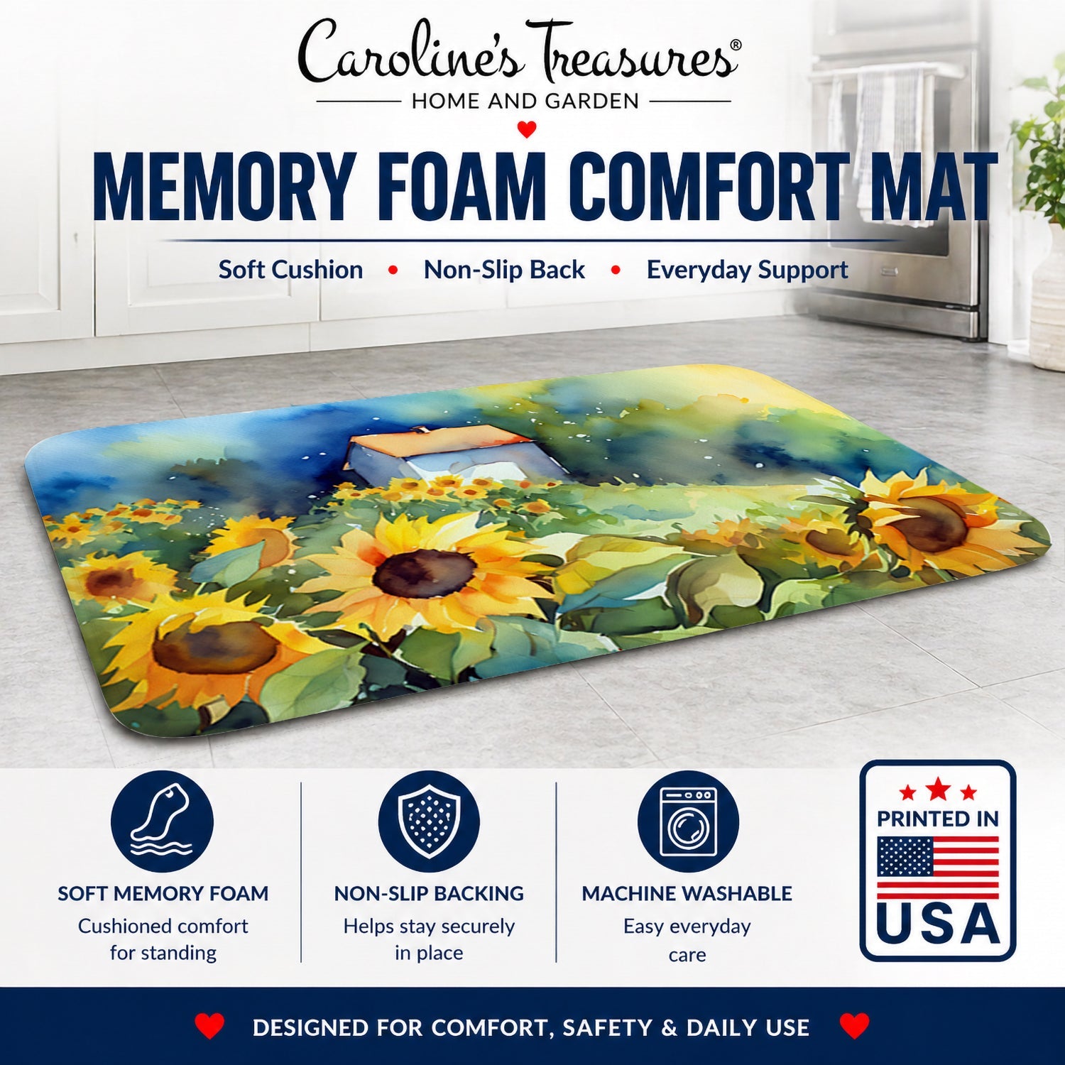 Sunflowers in Watercolor Memory Foam Kitchen Mat Machine Washable Anti-Fatigue Cushion Comfort Bath or Kitchen Rug