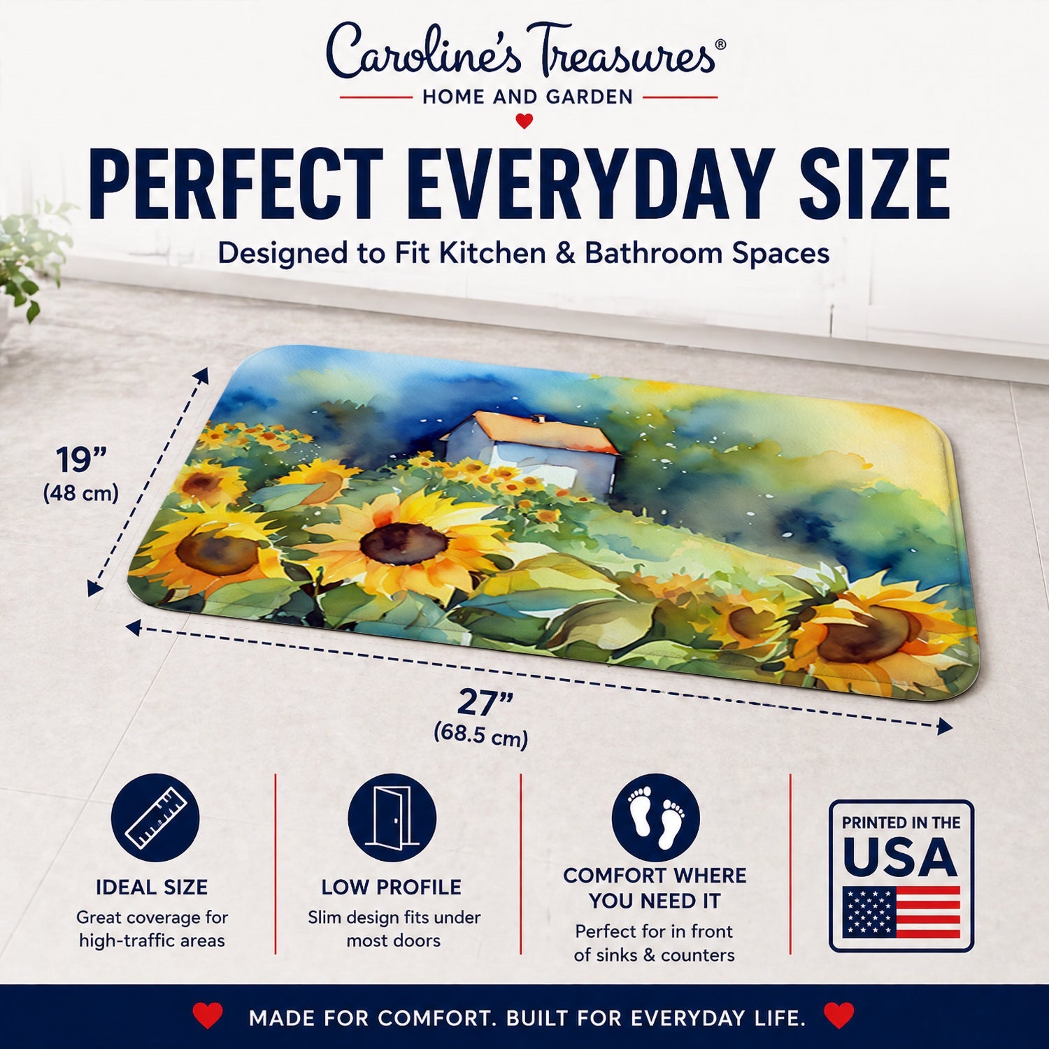 Sunflowers in Watercolor Memory Foam Kitchen Mat Machine Washable Anti-Fatigue Cushion Comfort Bath or Kitchen Rug