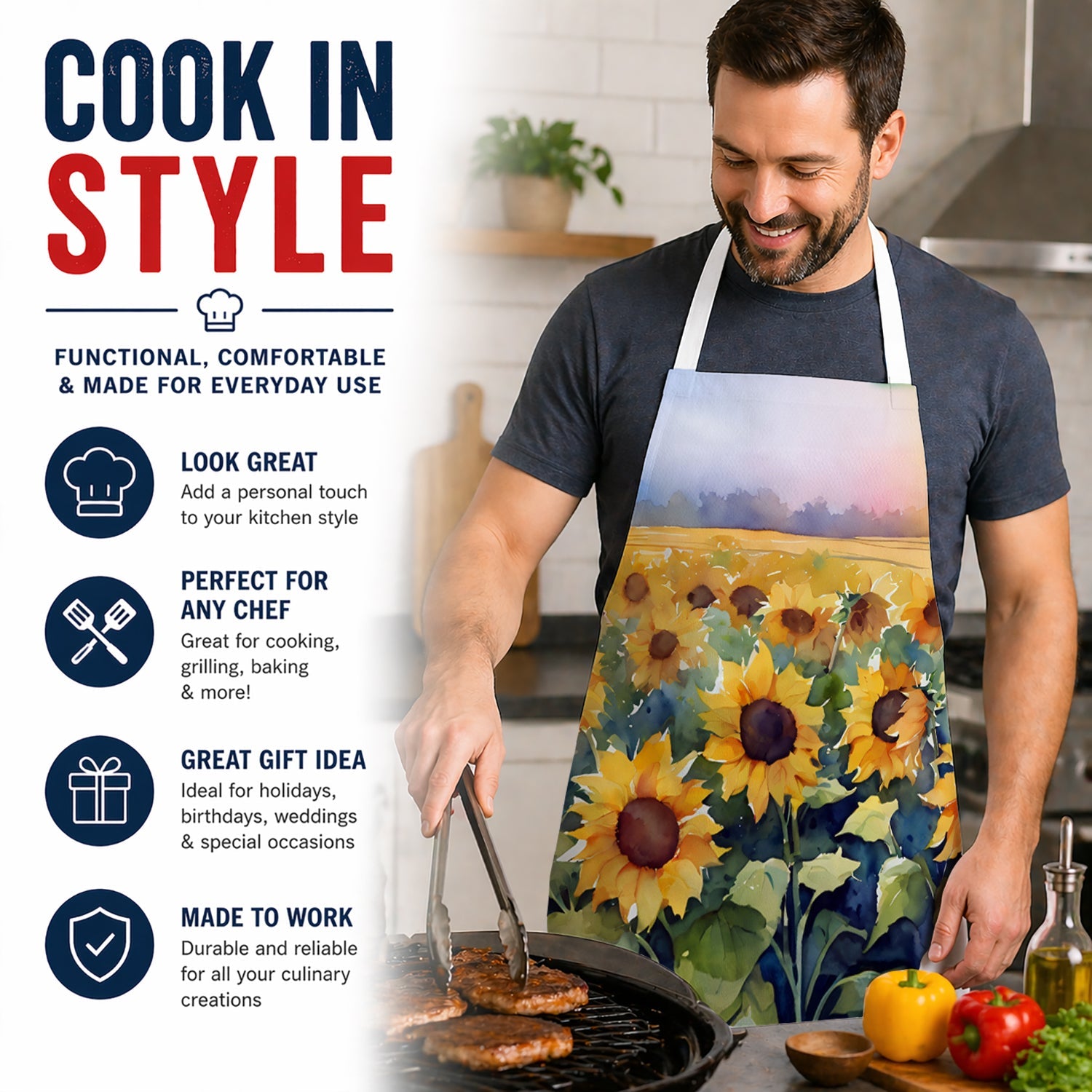 Sunflowers in Watercolor Apron Cooking Kitchen Server Baking Crafts Gardening for Adult Women Men, Unisex, Large, Multicolor
