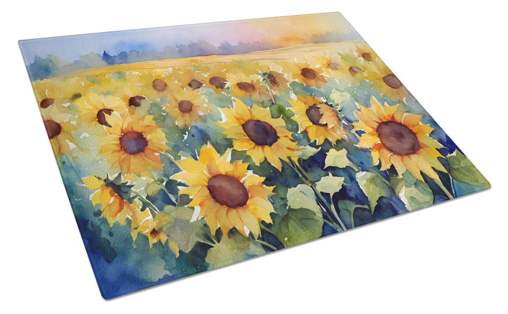 Sunflowers in Watercolor Cutting Board Tempered Glass Kitchen Cutting Surface, Heat Resistant Chopping, Non-Slip Feet, Food Prep & Serving