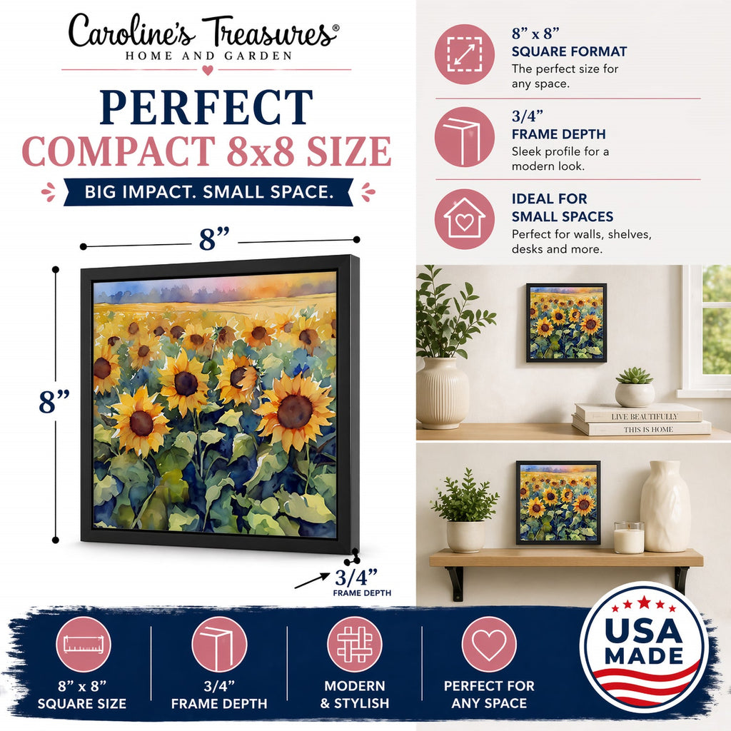 Sunflowers in Watercolor Framed Metal Print Bathroom, Kitchen, Office, Home Decor Wall Art Ready to Hang, Square, 8X8