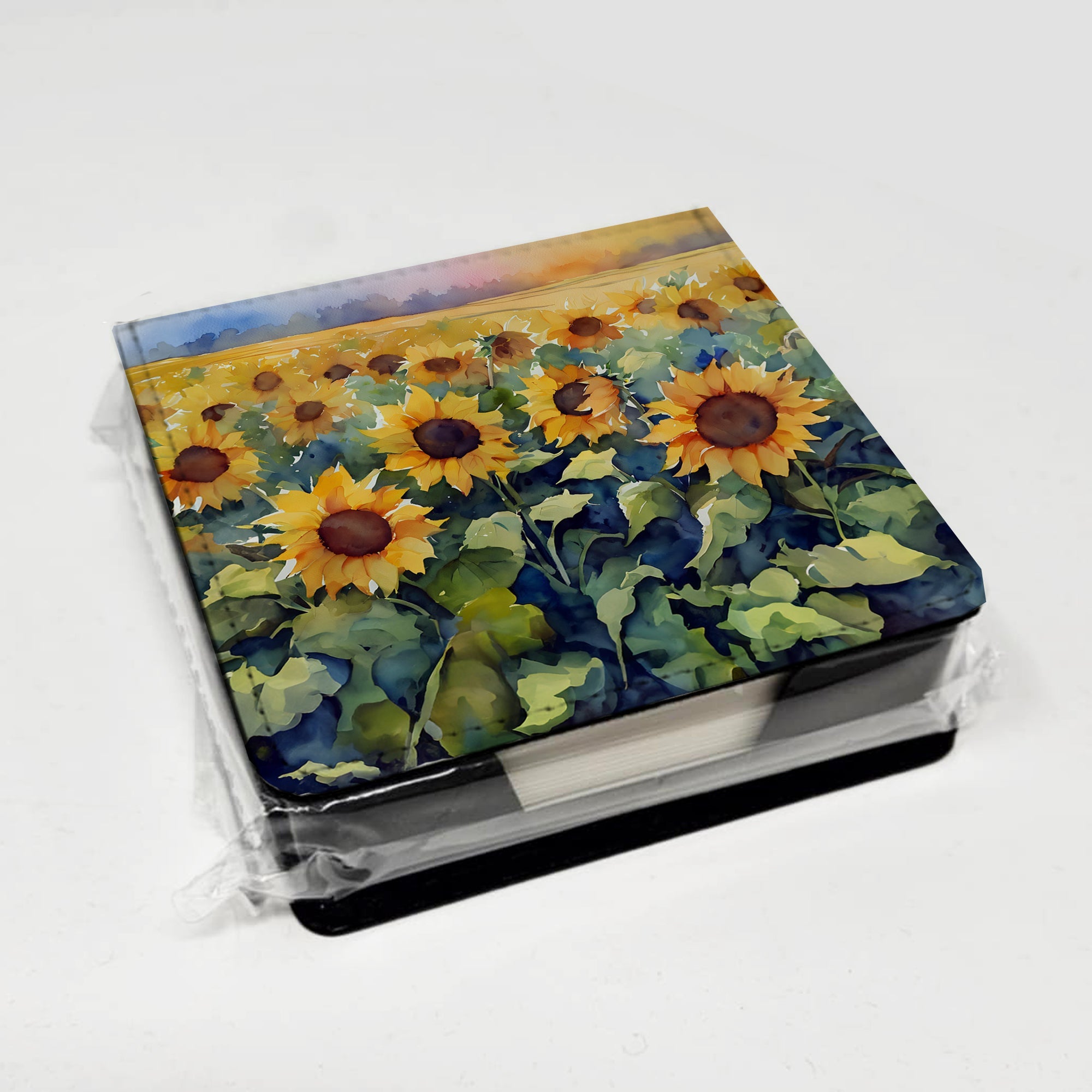 Sunflowers in Watercolor PU Leather Note Paper Holder with Artist-Designed Cover, Desk Accessory, Office Gift