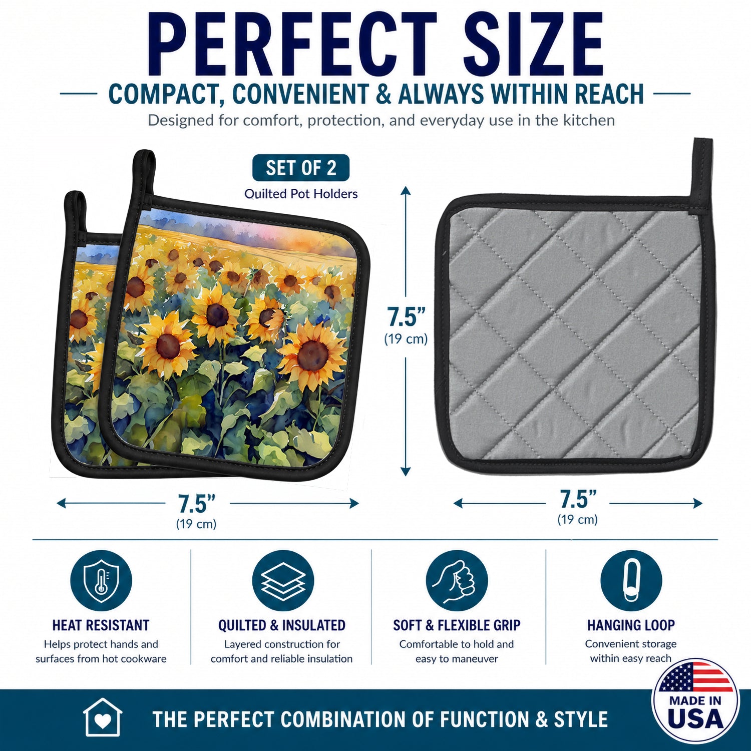 Sunflowers in Watercolor Pot Holder Set of 2 Heat Resistant Quilted Hot Pads 7.5 x 7.5 Inch, Insulated Kitchen Trivets for Cooking & Baking
