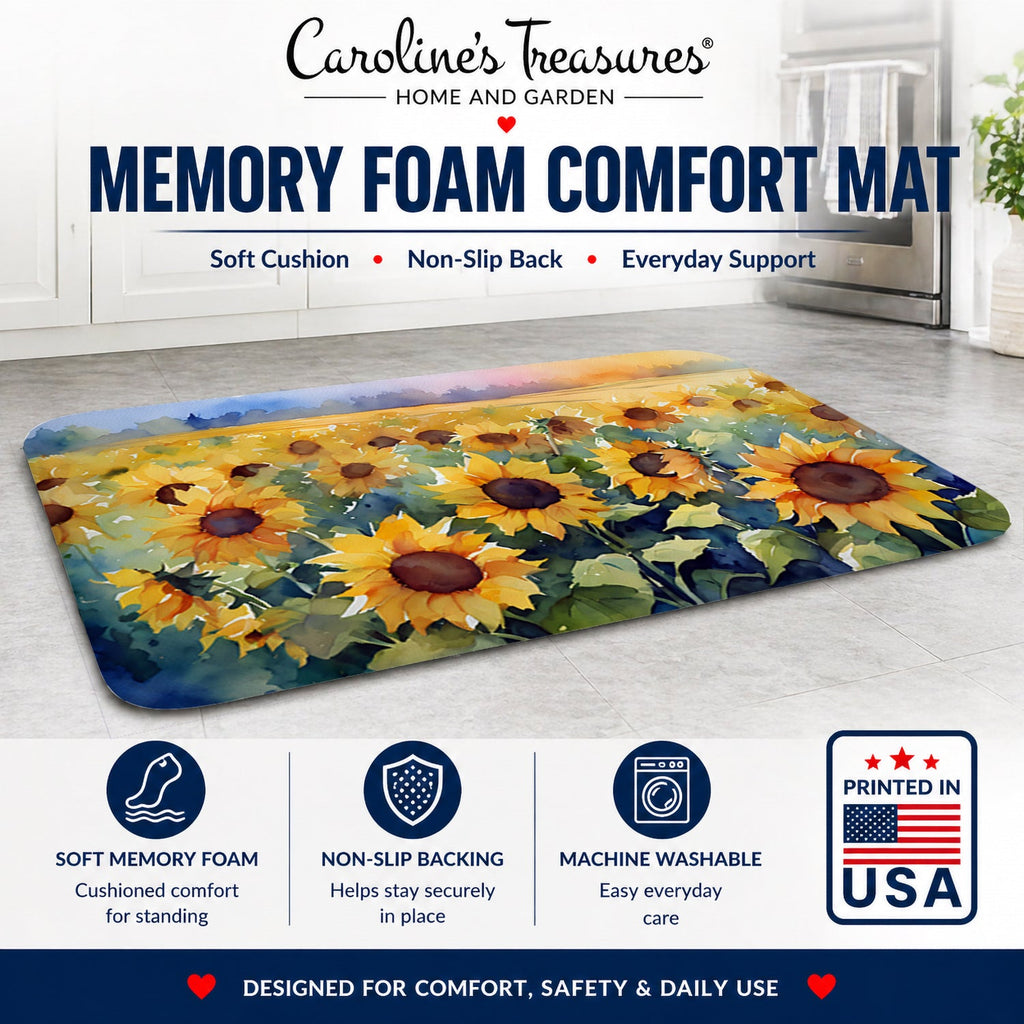 Sunflowers in Watercolor Memory Foam Kitchen Mat Machine Washable Anti-Fatigue Cushion Comfort Bath or Kitchen Rug