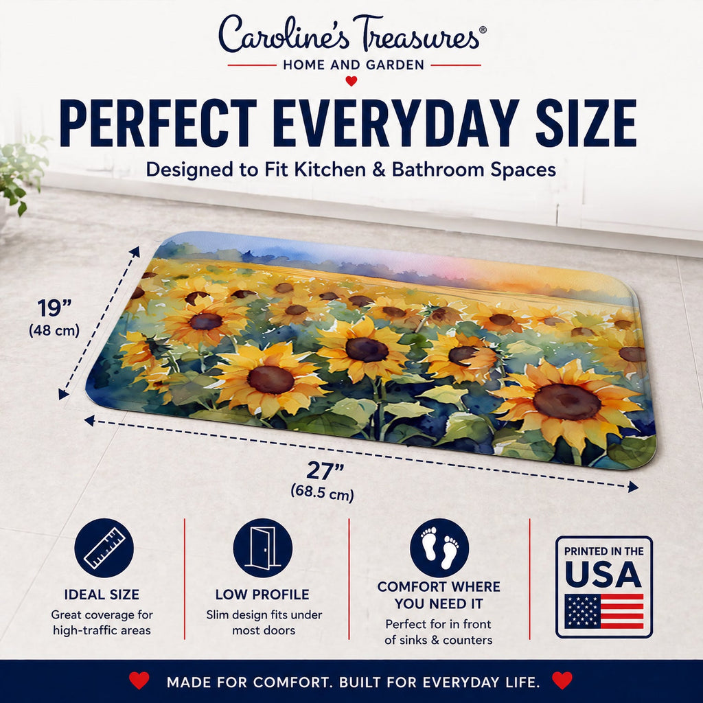 Sunflowers in Watercolor Memory Foam Kitchen Mat Machine Washable Anti-Fatigue Cushion Comfort Bath or Kitchen Rug