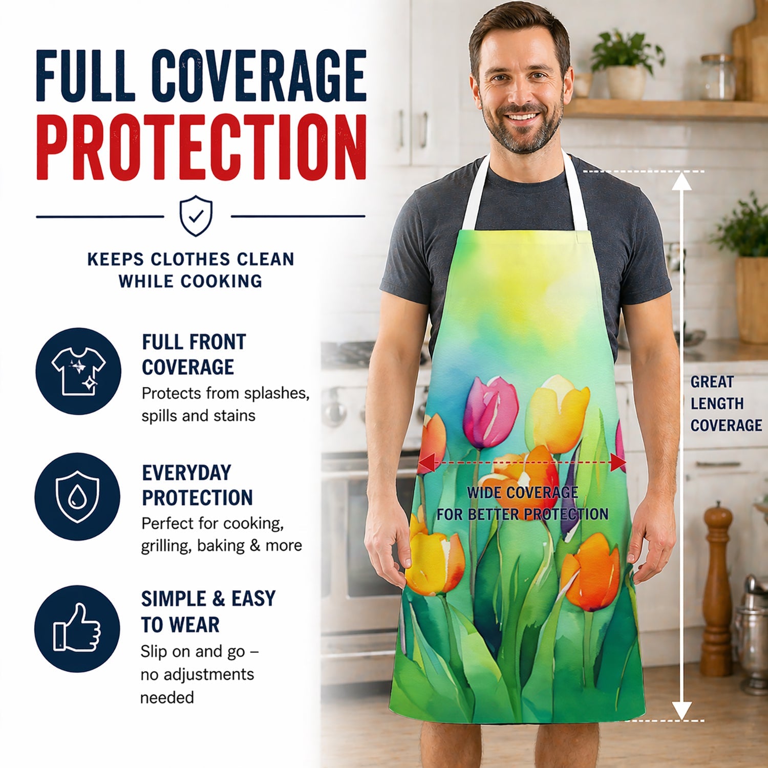 Tulips in Watercolor Apron Cooking Kitchen Server Baking Crafts Gardening for Adult Women Men, Unisex, Large, Multicolor