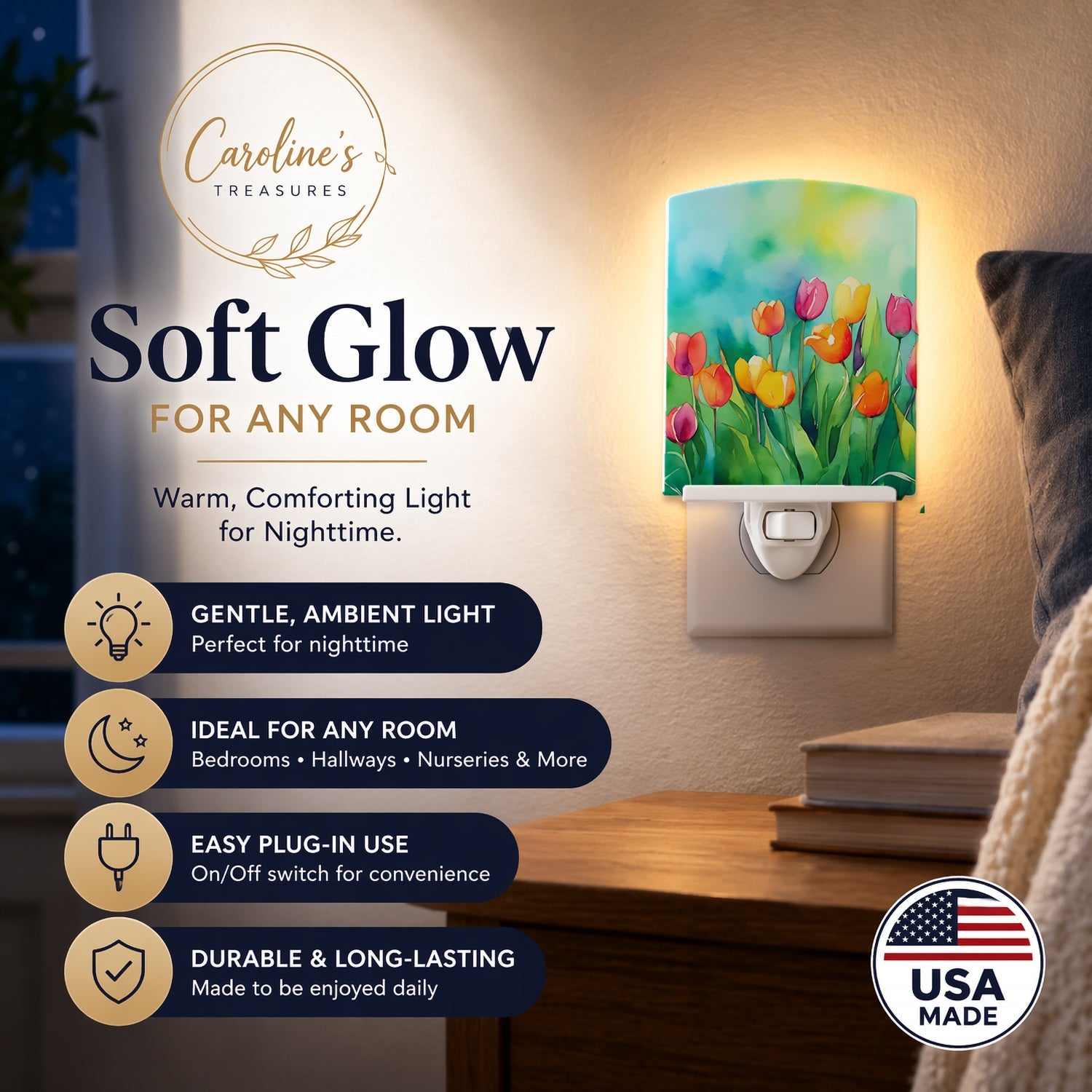 Tulips in Watercolor Ceramic Night Light Compact, UL-Certified, Ideal for Bedroom, Bathroom, Nursery, Hallway, Kitchen, 6x4x3, Multicolor