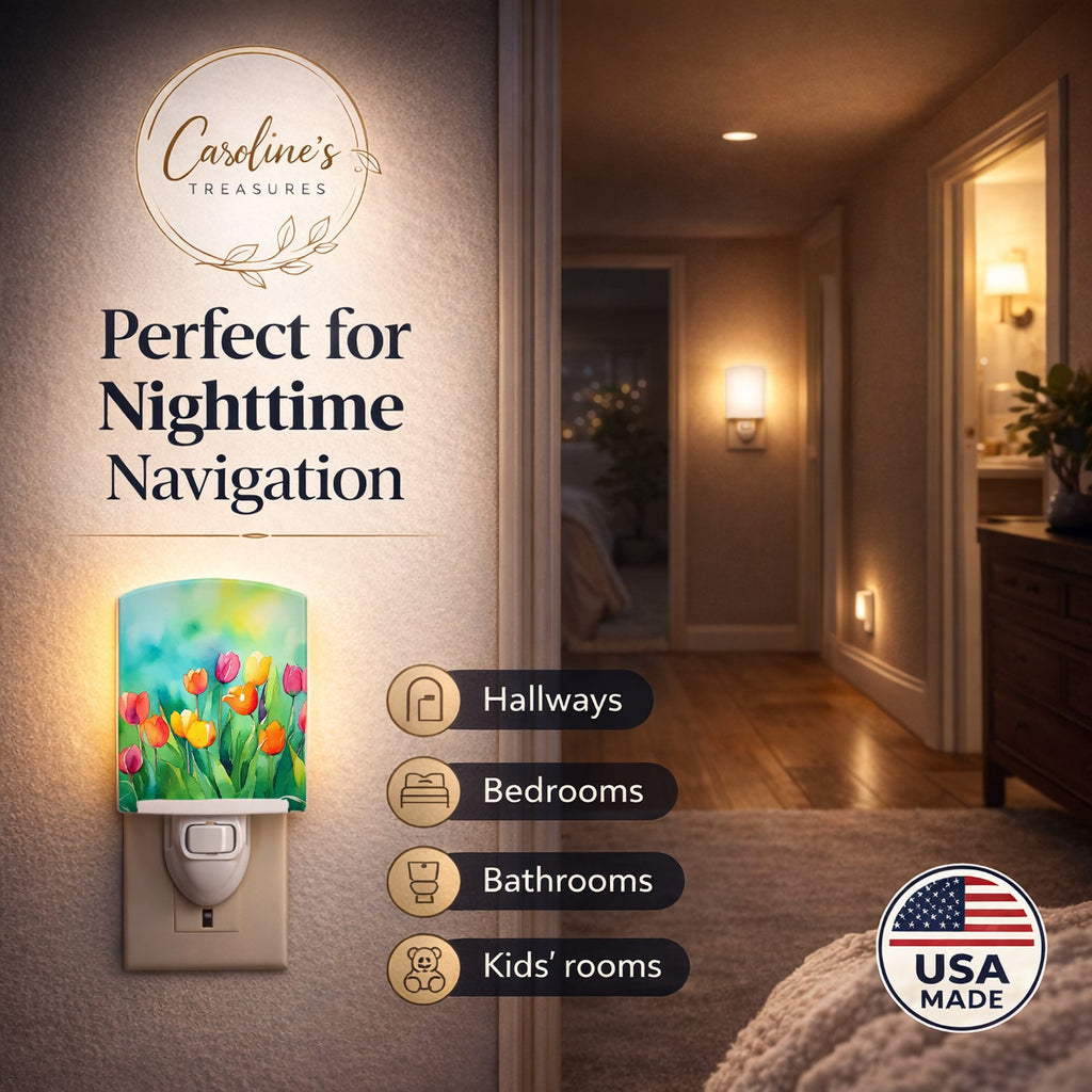 Tulips in Watercolor Ceramic Night Light Compact, UL-Certified, Ideal for Bedroom, Bathroom, Nursery, Hallway, Kitchen, 6x4x3, Multicolor