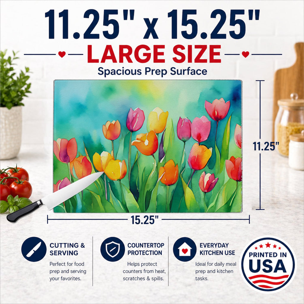 Tulips in Watercolor Cutting Board Tempered Glass Kitchen Cutting Surface, Heat Resistant Chopping, Non-Slip Feet, Food Prep & Serving