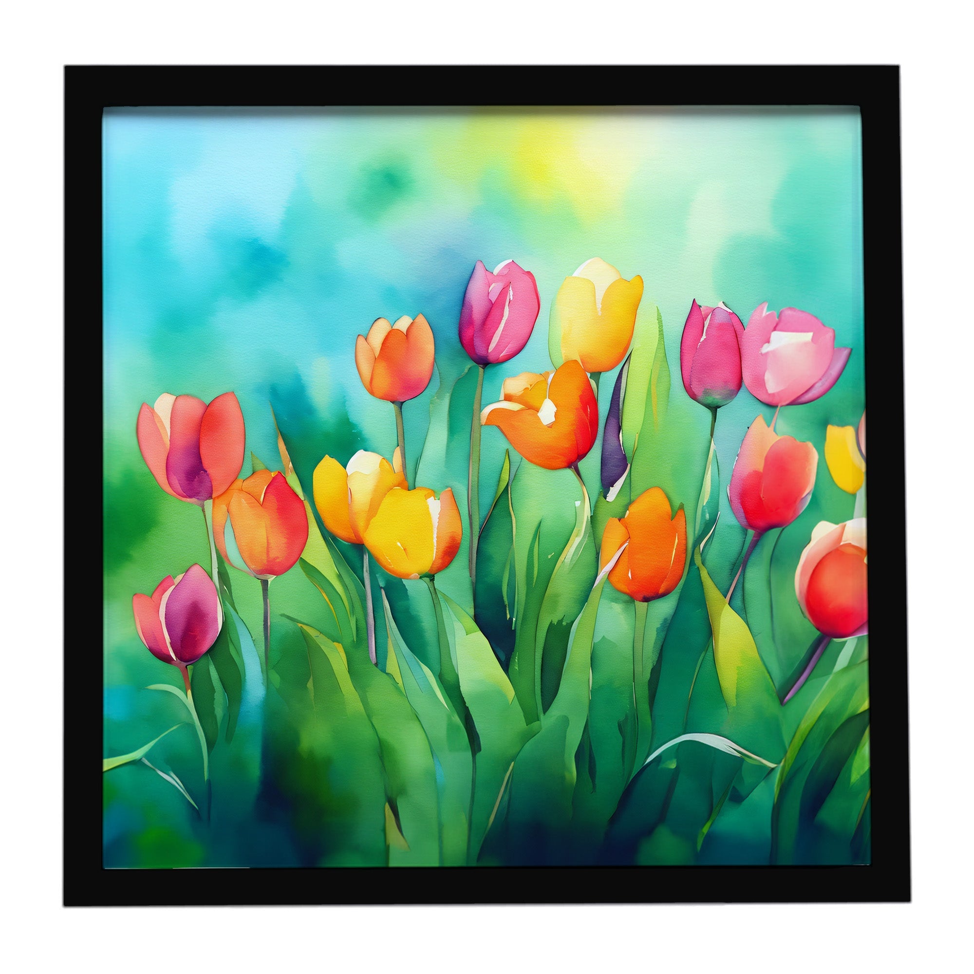 Tulips in Watercolor Framed Metal Print Bathroom, Kitchen, Office, Home Decor Wall Art Ready to Hang, Square, 8X8