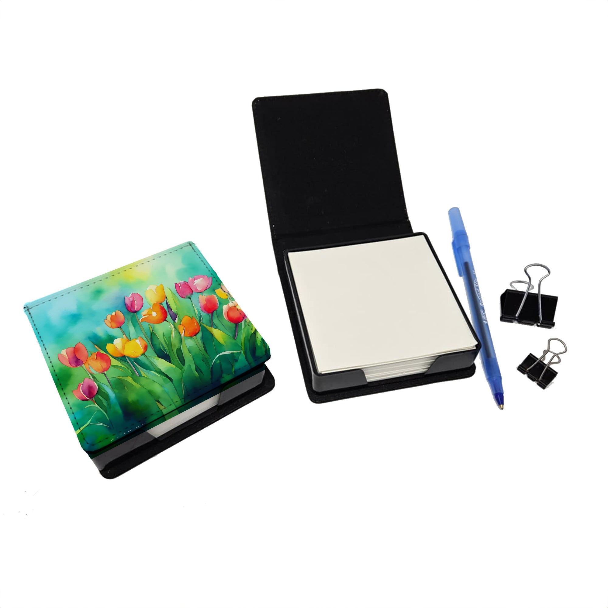 Tulips in Watercolor PU Leather Note Paper Holder with Artist-Designed Cover, Desk Accessory, Office Gift