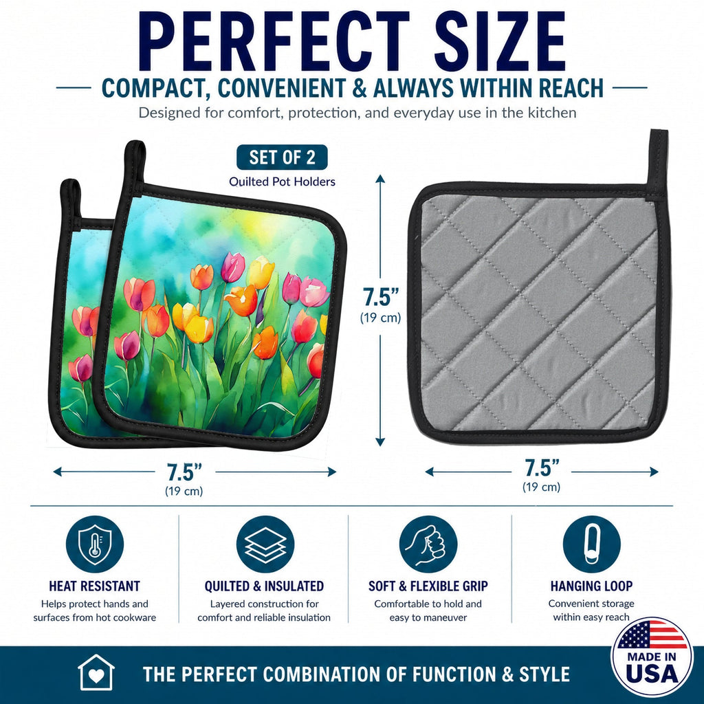 Tulips in Watercolor Pot Holder Set of 2 Heat Resistant Quilted Hot Pads 7.5 x 7.5 Inch, Insulated Kitchen Trivets for Cooking & Baking