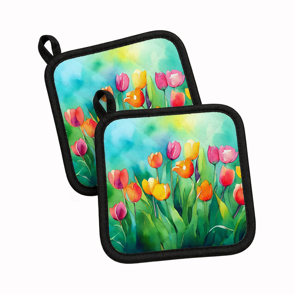 Tulips in Watercolor Pot Holder Set of 2 Heat Resistant Quilted Hot Pads 7.5 x 7.5 Inch, Insulated Kitchen Trivets for Cooking & Baking