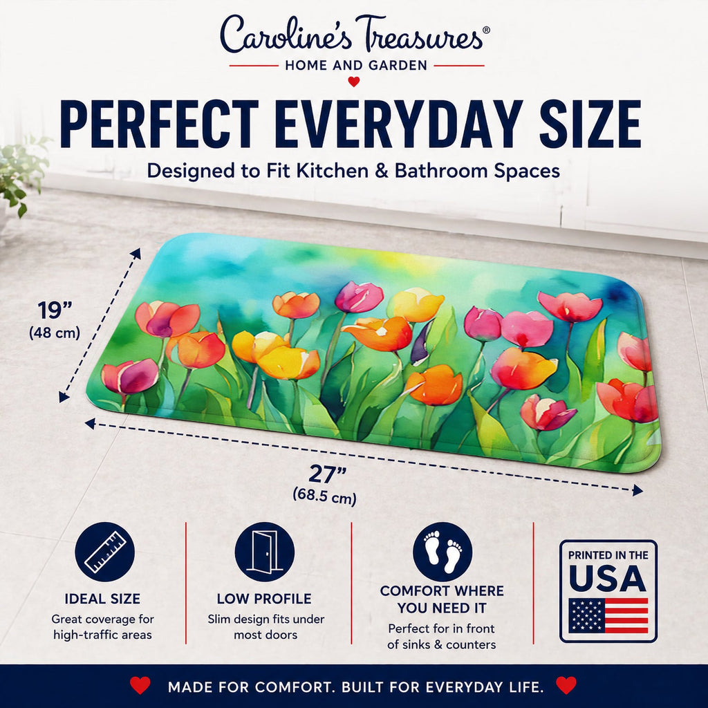 Tulips in Watercolor Memory Foam Kitchen Mat Machine Washable Anti-Fatigue Cushion Comfort Bath or Kitchen Rug