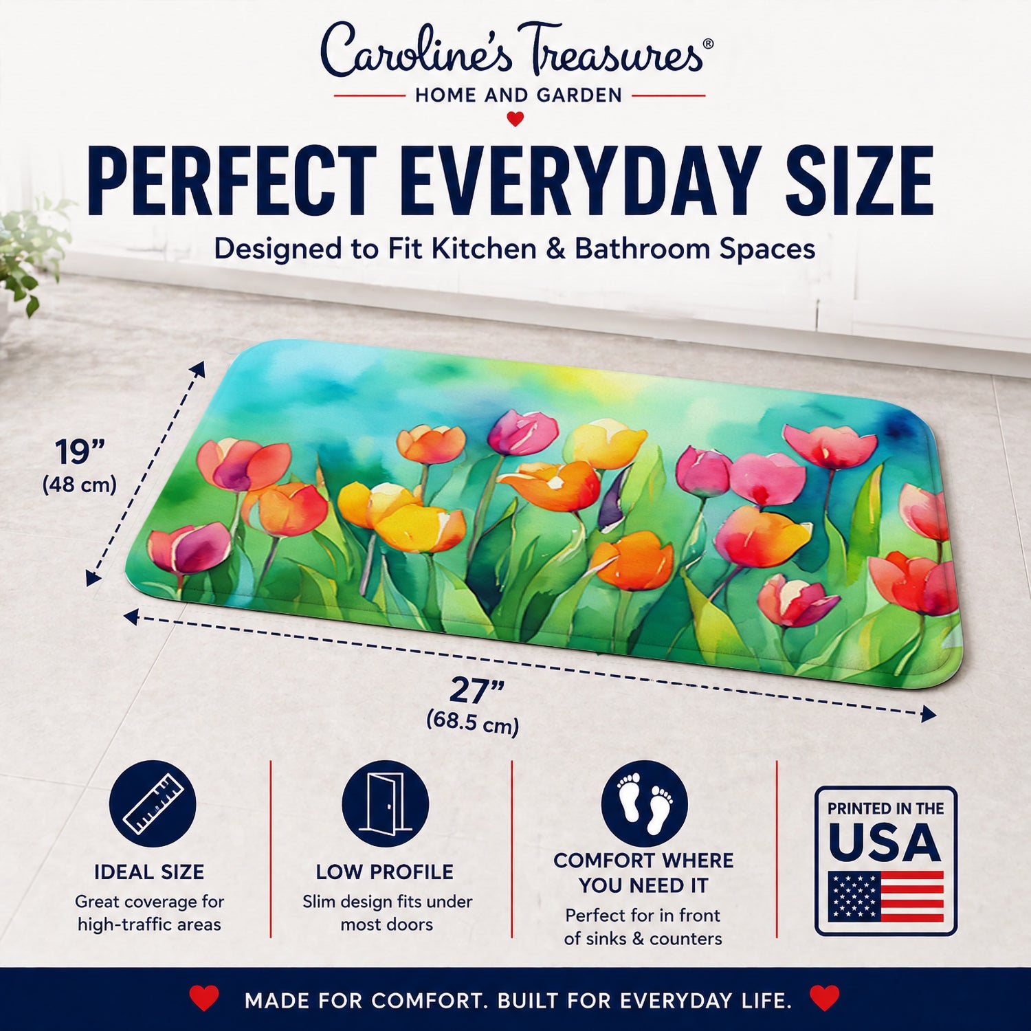 Tulips in Watercolor Memory Foam Kitchen Mat Machine Washable Anti-Fatigue Cushion Comfort Bath or Kitchen Rug