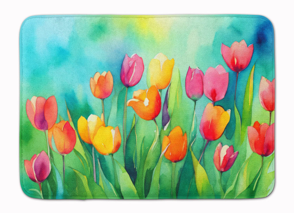 Tulips in Watercolor Memory Foam Kitchen Mat Machine Washable Anti-Fatigue Cushion Comfort Bath or Kitchen Rug