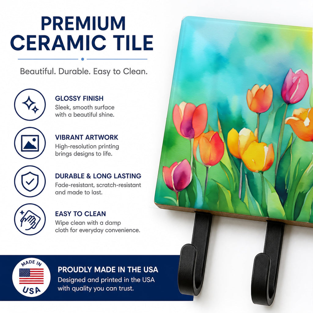 Tulips in Watercolor Leash or Key Holder Wall Hooks, Coat Rack Wall Mount, for Hanging Keys, Towels, Aprons, Leashes
