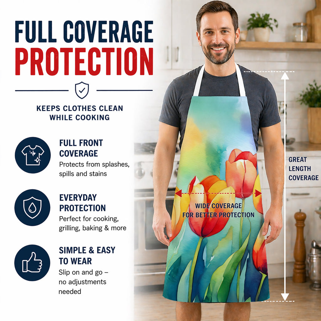 Tulips in Watercolor Apron Cooking Kitchen Server Baking Crafts Gardening for Adult Women Men, Unisex, Large, Multicolor