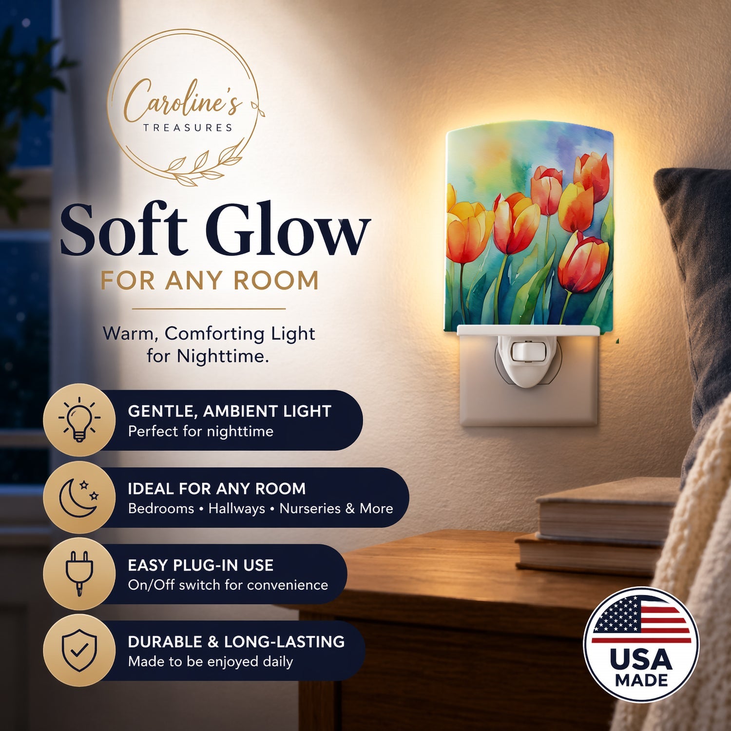 Tulips in Watercolor Ceramic Night Light Compact, UL-Certified, Ideal for Bedroom, Bathroom, Nursery, Hallway, Kitchen, 6x4x3, Multicolor