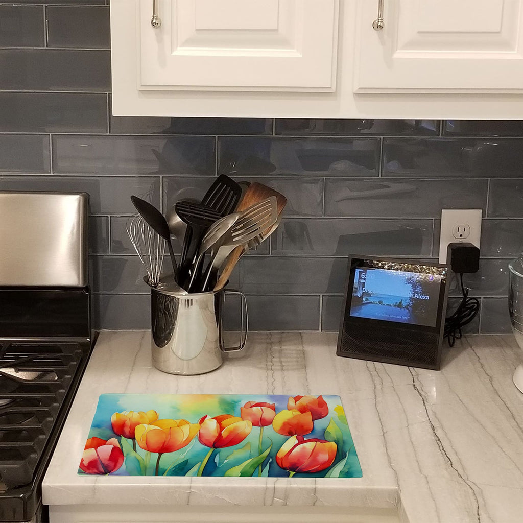 Tulips in Watercolor Cutting Board Tempered Glass Kitchen Cutting Surface, Heat Resistant Chopping, Non-Slip Feet, Food Prep & Serving