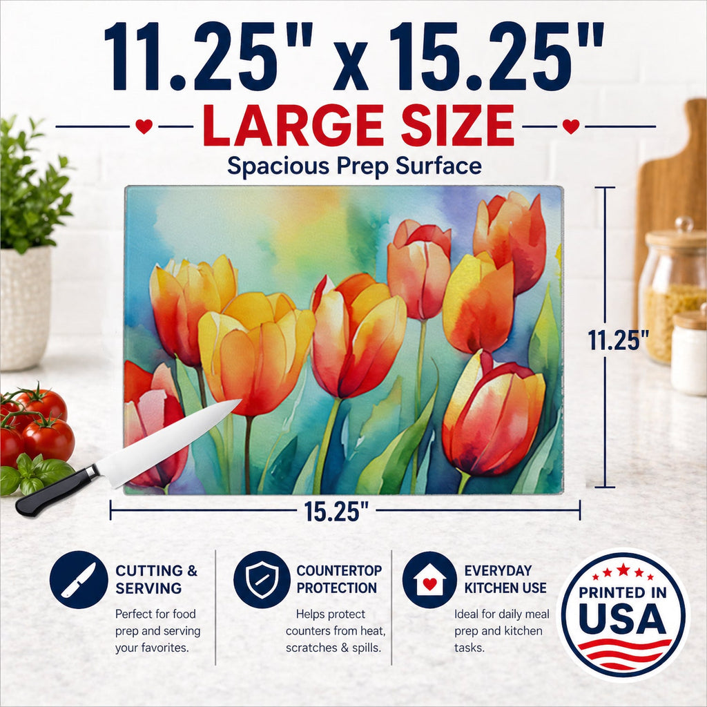 Tulips in Watercolor Cutting Board Tempered Glass Kitchen Cutting Surface, Heat Resistant Chopping, Non-Slip Feet, Food Prep & Serving