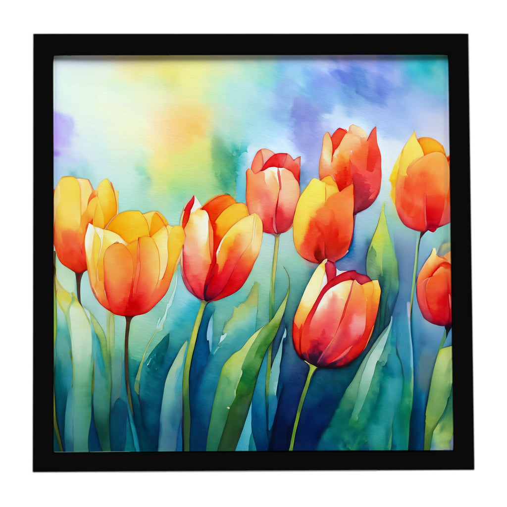 Tulips in Watercolor Framed Metal Print Bathroom, Kitchen, Office, Home Decor Wall Art Ready to Hang, Square, 8X8